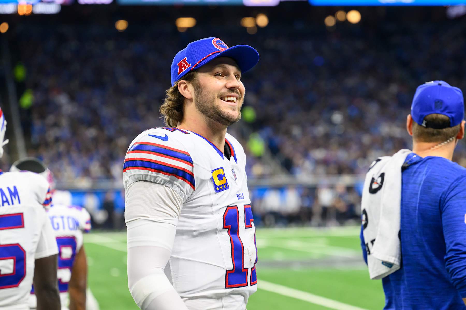 DETROIT, MI - DECEMBER 15: Buffalo Bills quarterback Josh Allen (17) talks to the fans during the Detroit Lions versus the Buffalo Bills game on Sunday December 15, 2024 at Ford Field in Detroit, MI. (Photo by Steven King/Icon Sportswire via Getty Images)