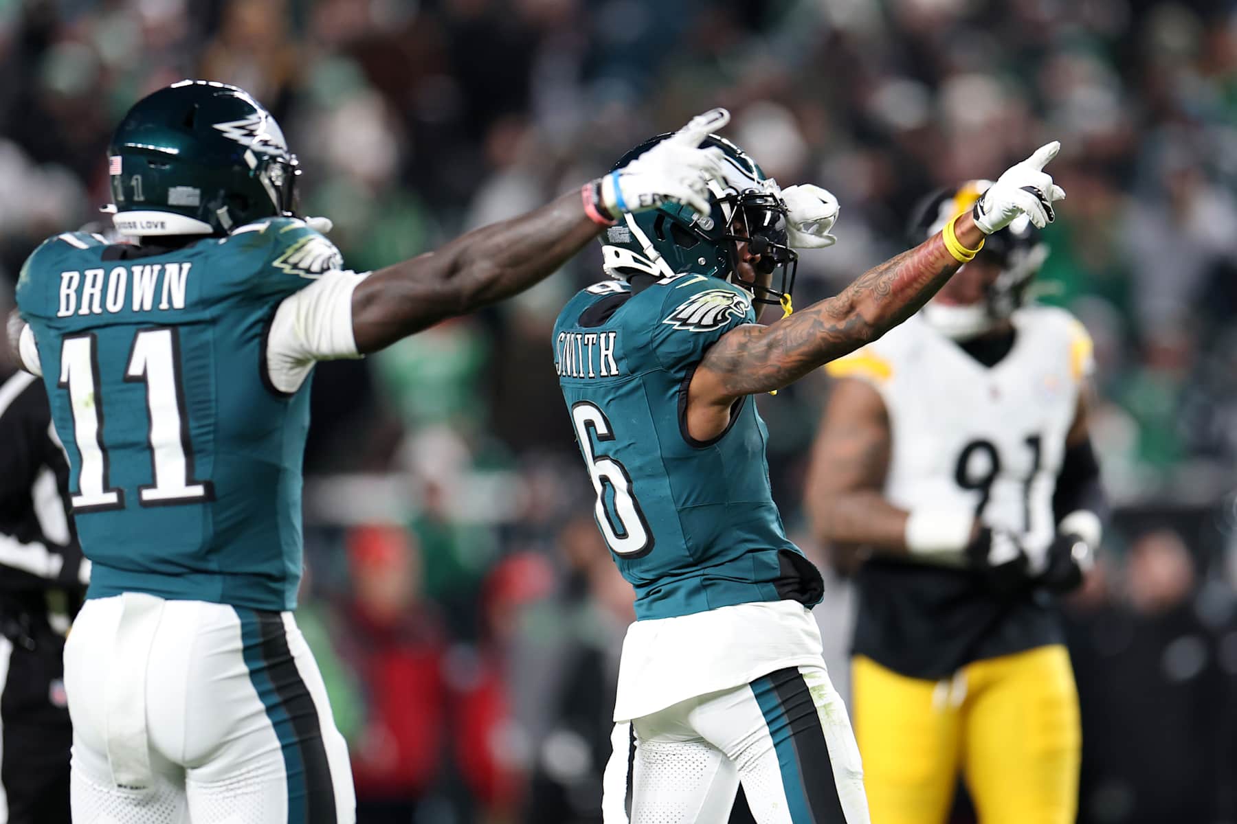 PHILADELPHIA, PENNSYLVANIA - DECEMBER 15: DeVonta Smith #6 of the Philadelphia Eagles reacts after a first down against the Pittsburgh Steelers during the fourth quarter at Lincoln Financial Field on December 15, 2024 in Philadelphia, Pennsylvania. (Photo by Emilee Chinn/Getty Images)