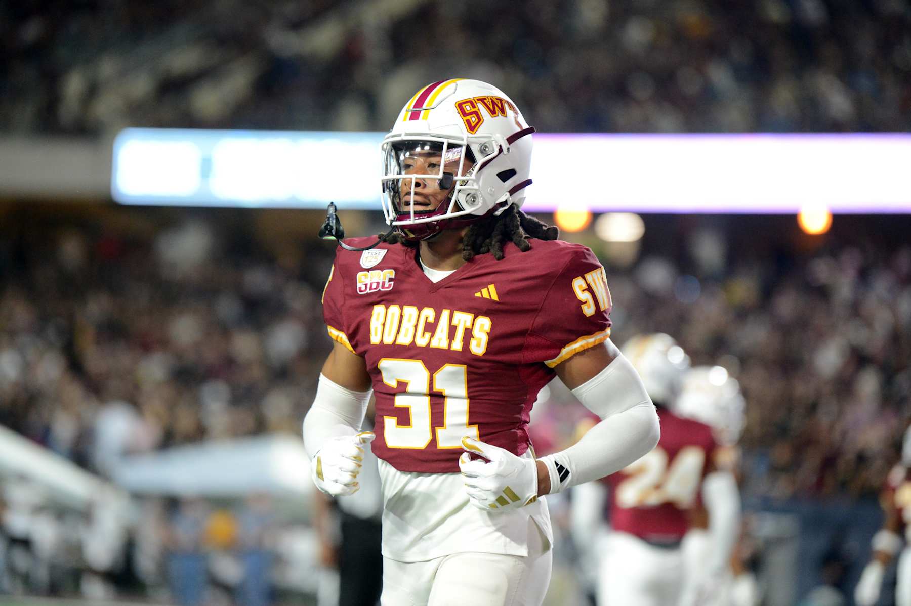 SAN MARCOS, TX - NOVEMBER16: Texas State Bobcats DB Kameron Pearson heads toward the sidelines during game featuring the Southern Miss Golden Eagles and the Texas State Bobcats on November 16, 2024 at UFCU Stadium in San Marcos, TX. (Photo by John Rivera/Icon Sportswire via Getty Images)