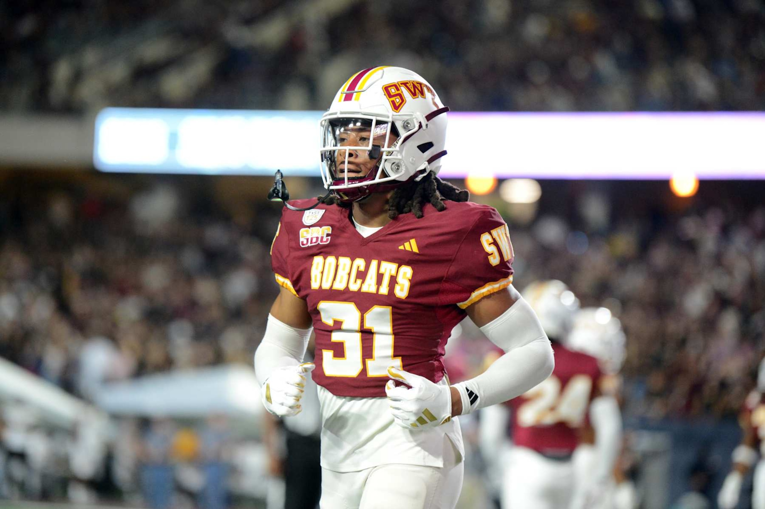 SAN MARCOS, TX - NOVEMBER16: Texas State Bobcats DB Kameron Pearson heads toward the sidelines during game featuring the Southern Miss Golden Eagles and the Texas State Bobcats on November 16, 2024 at UFCU Stadium in San Marcos, TX. (Photo by John Rivera/Icon Sportswire via Getty Images)