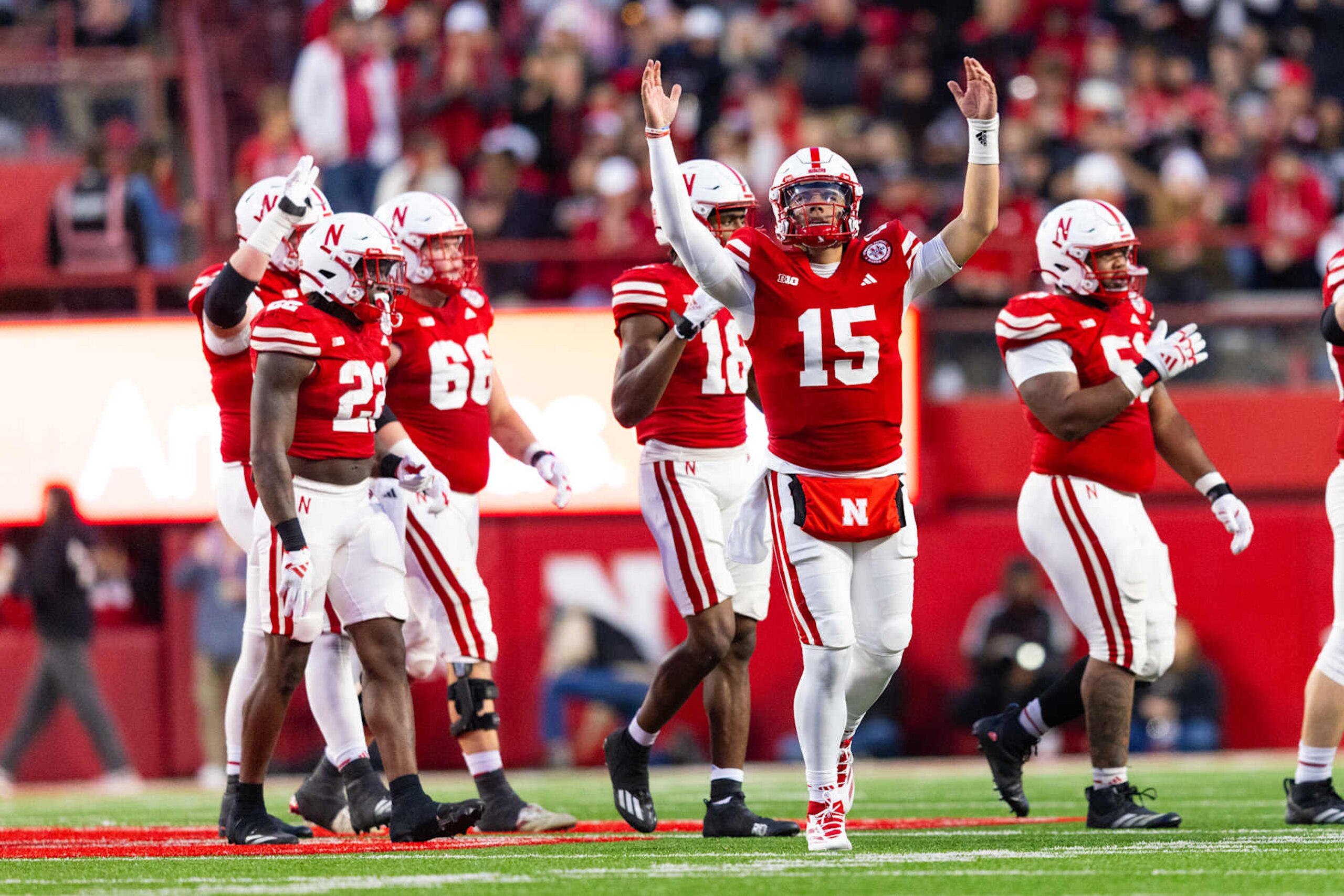 LINCOLN, NE - NOVEMBER 23: Nebraska Cornhuskers quarterback Dylan Raiola (15) hypes up the crowd going into the fourth quarter during the game against the Wisconsin Badgers at Memorial Stadium in Lincoln, NE. (Photo by Nathanial George/Icon Sportswire via Getty Images)