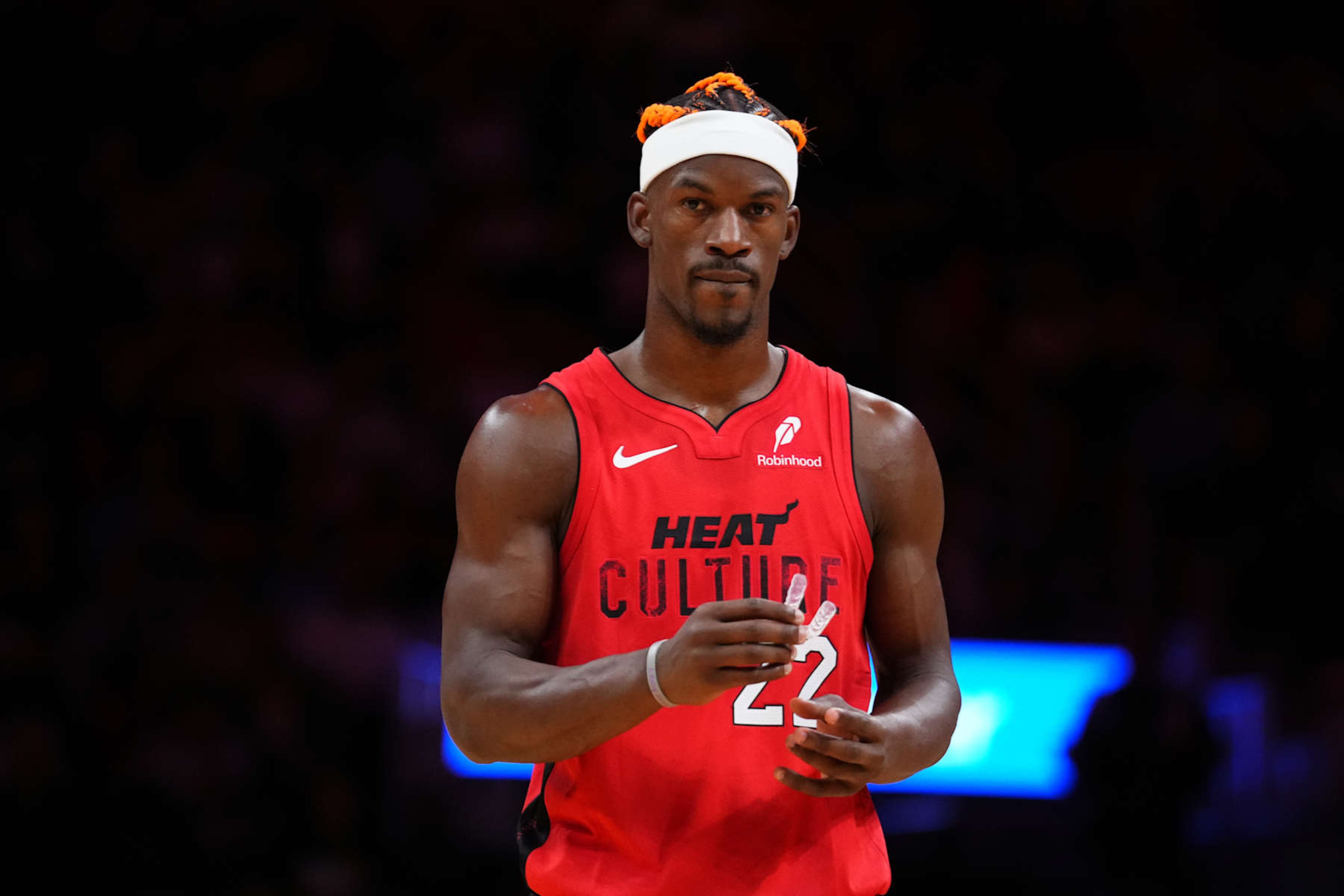 MIAMI, FLORIDA - DECEMBER 12: Jimmy Butler #22 of the Miami Heat looks on against the Toronto Raptors during the third quarter at Kaseya Center on December 12, 2024 in Miami, Florida. NOTE TO USER: User expressly acknowledges and agrees that, by downloading and or using this Photograph, user is consenting to the terms and conditions of the Getty Images License Agreement. (Photo by Rich Storry/Getty Images) MIAMI, FLORIDA - DECEMBER 12: Jimmy Butler #22 of the Miami Heat looks on against the Toronto Raptors during the third quarter at Kaseya Center on December 12, 2024 in Miami, Florida. NOTE TO USER: User expressly acknowledges and agrees that, by downloading and or using this Photograph, user is consenting to the terms and conditions of the Getty Images License Agreement. (Photo by Rich Storry/Getty Images)
