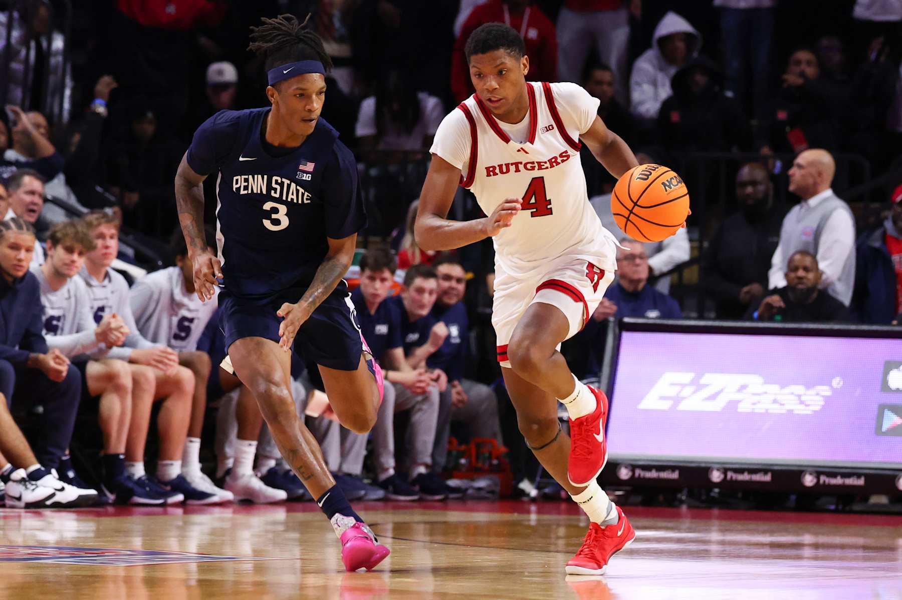 PISCATAWAY, NEW JERSEY - DECEMBER 10: Ace Bailey #4 of the Rutgers Scarlet Knights dribbles the ball during the second half of their game against the Penn State Nittany Lions at Jersey Mike's Arena on December 10, 2024 in Piscataway, New Jersey. (Photo by Ed Mulholland/Getty Images)