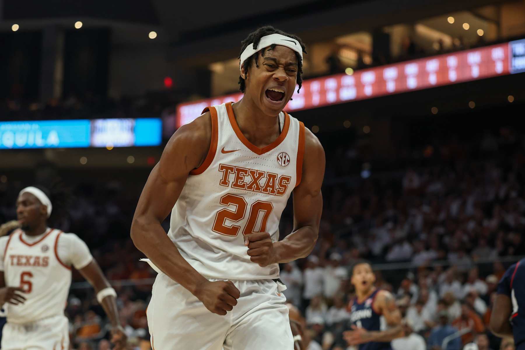 AUSTIN, TX - DECEMBER 08: Texas Longhorns guard Tre Johnson (20) screams after drawing a foul during the college basketball game between Texas Longhorns and University of Connecticut Huskies on December 8, 2024, at Moody Center in Austin, Texas. (Photo by David Buono/Icon Sportswire via Getty Images)