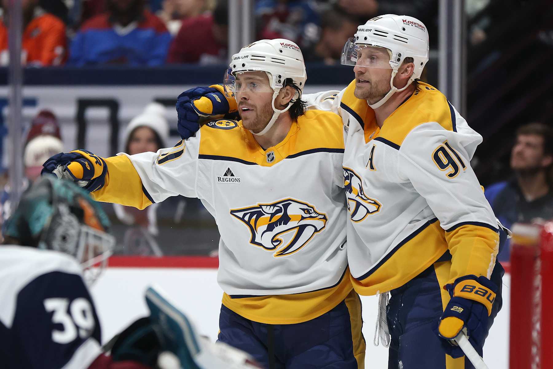 Nashville Predators forwards Jonathan Marchessault (left) and Steven Stamkos. 