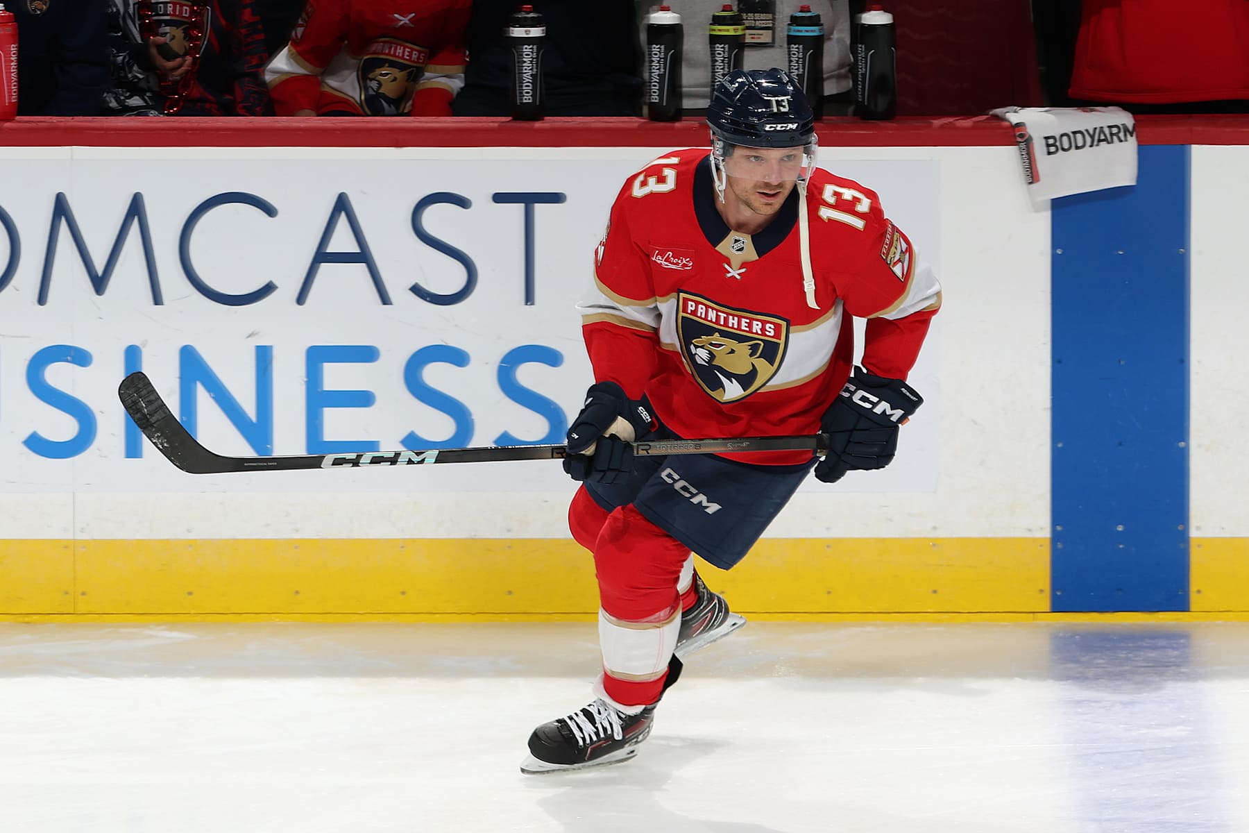 SUNRISE, FL - DECEMBER 7: Sam Reinhart #13 of the Florida Panthers skates prior to the game against the San Jose Sharks at the Amerant Bank Arena on December 7, 2024 in Sunrise, Florida. (Photo by Joel Auerbach/Getty Images)