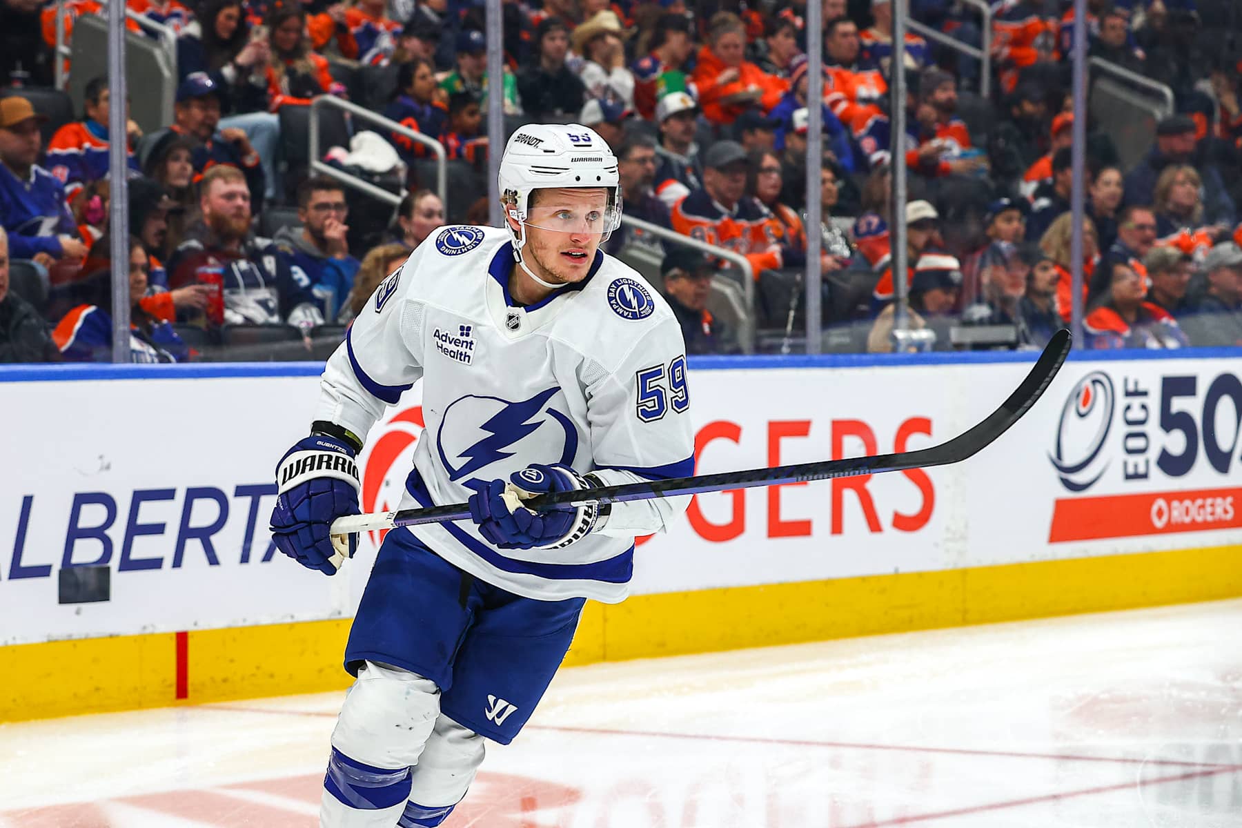 EDMONTON, AB - DECEMBER 10: Tampa Bay Lighting Center Jake Guentzel (59) races up ice in the second period of the Edmonton Oilers game versus the Tampa Bay Lighting on December 10, 2024 at Rogers Place in Edmonton, AB. (Photo by Curtis Comeau/Icon Sportswire via Getty Images)