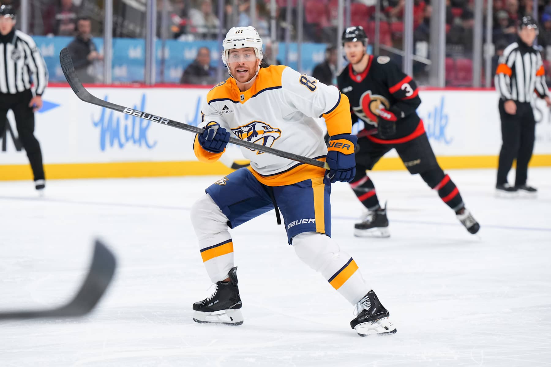 OTTAWA, CANADA - DECEMBER 7:  Jonathan Marchessault #81 of the Nashville Predators skates against the Ottawa Senators at Canadian Tire Centre on December 7, 2024 in Ottawa, Ontario, Canada.  (Photo by André Ringuette/NHLI via Getty Images)