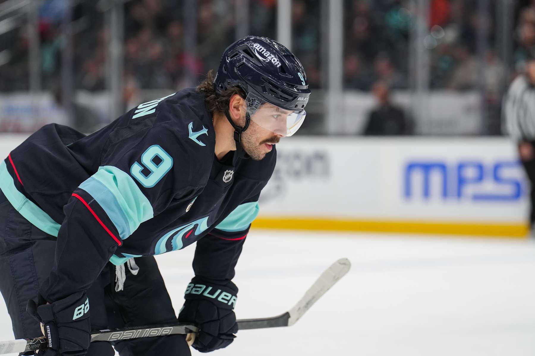 SEATTLE, WASHINGTON - DECEMBER 10: Chandler Stephenson #9 of the Seattle Kraken looks on during overtime against the Florida Panthers at Climate Pledge Arena on December 10, 2024 in Seattle, Washington. (Photo by Christopher Mast/NHLI via Getty Images)