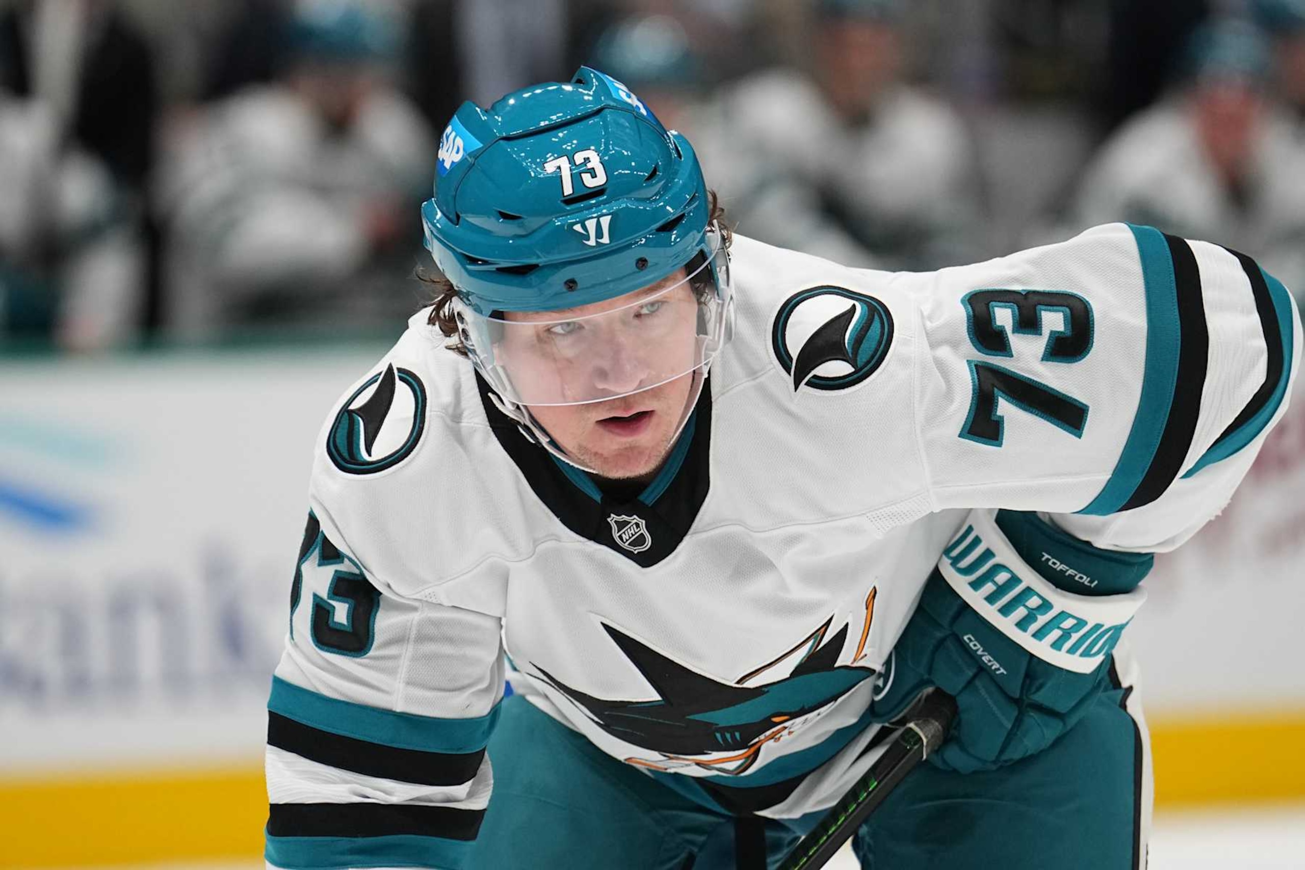DALLAS, TX - NOVEMBER 20: Tyler Toffoli #73 of the San Jose Sharks lines up against the Dallas Stars at the American Airlines Center on November 20, 2024 in Dallas, Texas. (Photo by Glenn James/NHLI via Getty Images)