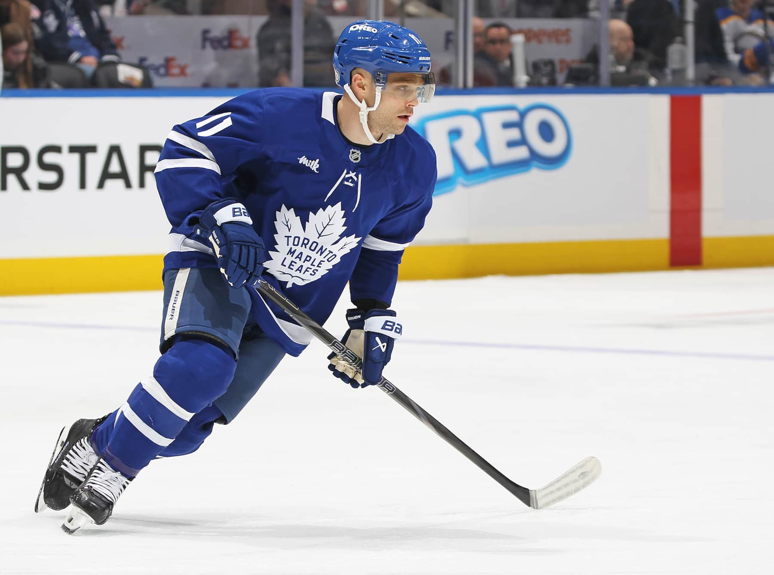 TORONTO, CANADA - DECEMBER 15:  Max Domi #11 of the Toronto Maple Leafs skates against the Buffalo Sabres during the first period in an NHL game at Scotiabank Arena on December 15, 2024 in Toronto, Ontario, Canada.  (Photo by Claus Andersen/Getty Images)