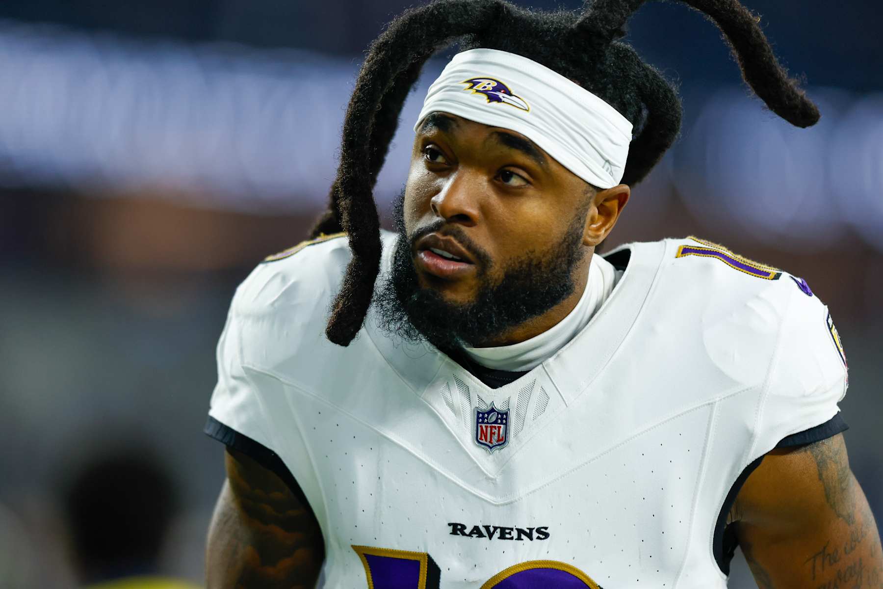 INGLEWOOD, CA - NOVEMBER 25: Baltimore Ravens wide receiver Diontae Johnson (18) leaves the football field after the NFL game between the Baltimore Ravens and the Los Angeles Chargers on November 25, 2024, at SoFi Stadium in Inglewood, CA. (Photo by Jordon Kelly/Icon Sportswire via Getty Images)