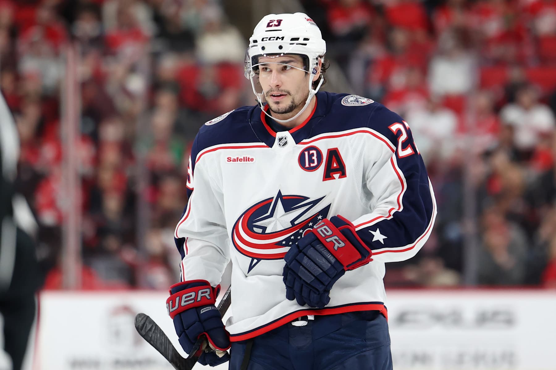 RALEIGH, NORTH CAROLINA - DECEMBER 15: Sean Monahan #23 of the Columbus Blue Jackets looks on play against the Carolina Hurricanes at Lenovo Center on December 15, 2024 in Raleigh, North Carolina. (Photo by Katie Januck/Getty Images)