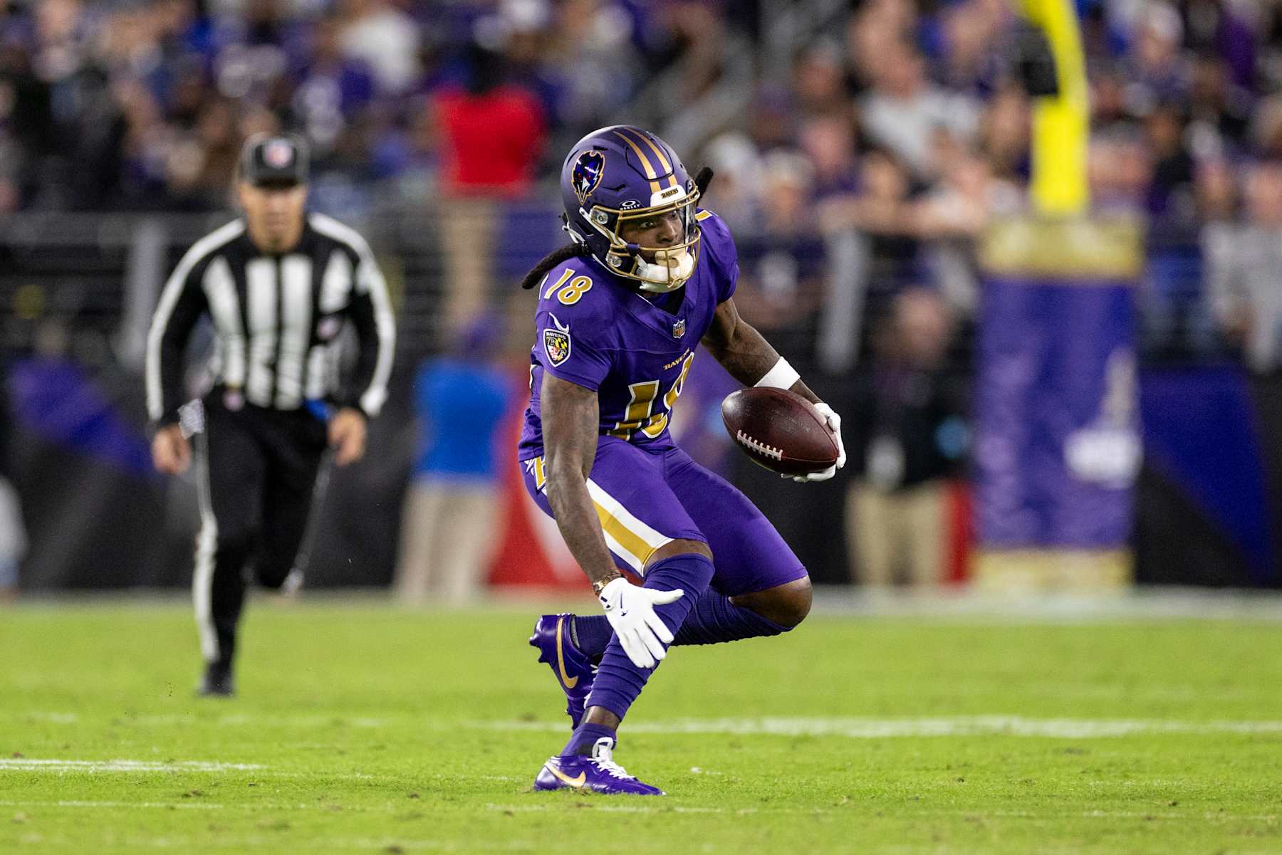 BALTIMORE, MARYLAND - NOVEMBER 7: Diontae Johnson #18 of the Baltimore Ravens runs with the ball during an NFL Football game against the Cincinnati Bengals at M&T Bank Stadium on November 07, 2024 in Baltimore, Maryland. (Photo by Michael Owens/Getty Images)