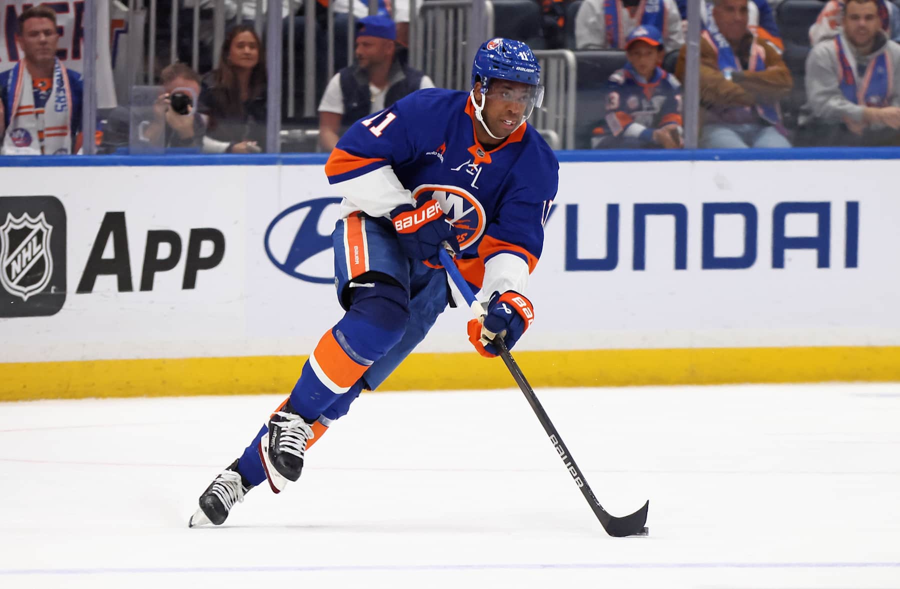 ELMONT, NEW YORK - OCTOBER 10: Anthony Duclair #11 of the New York Islanders skates against the Utah Hockey Club at UBS Arena on October 10, 2024 in Elmont, New York. (Photo by Bruce Bennett/Getty Images)