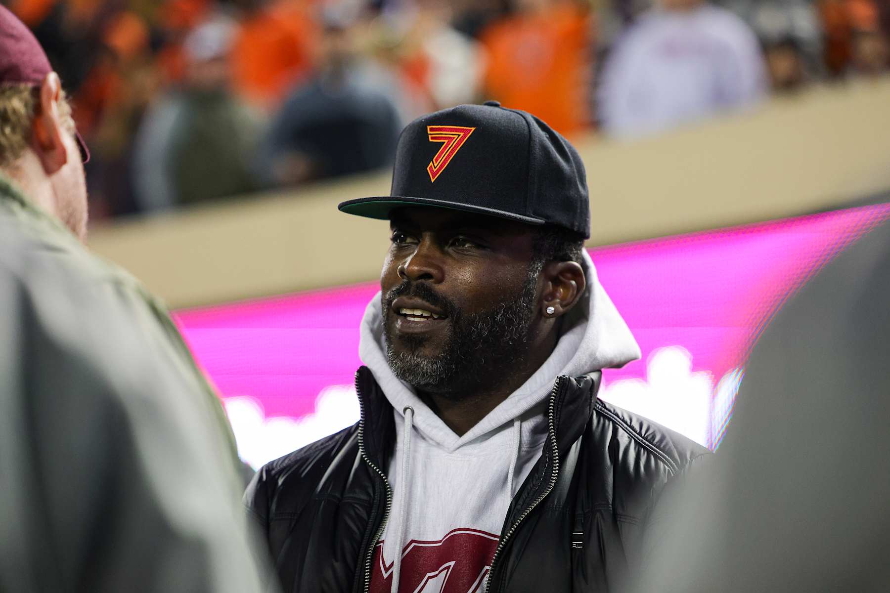 BLACKSBURG, VIRGINIA - OCTOBER 17: Michael Vick looks on prior to a game between the Virginia Tech Hokies and the Boston College Eagles at Lane Stadium on October 17, 2024 in Blacksburg, Virginia. (Photo by Ryan Hunt/Getty Images)