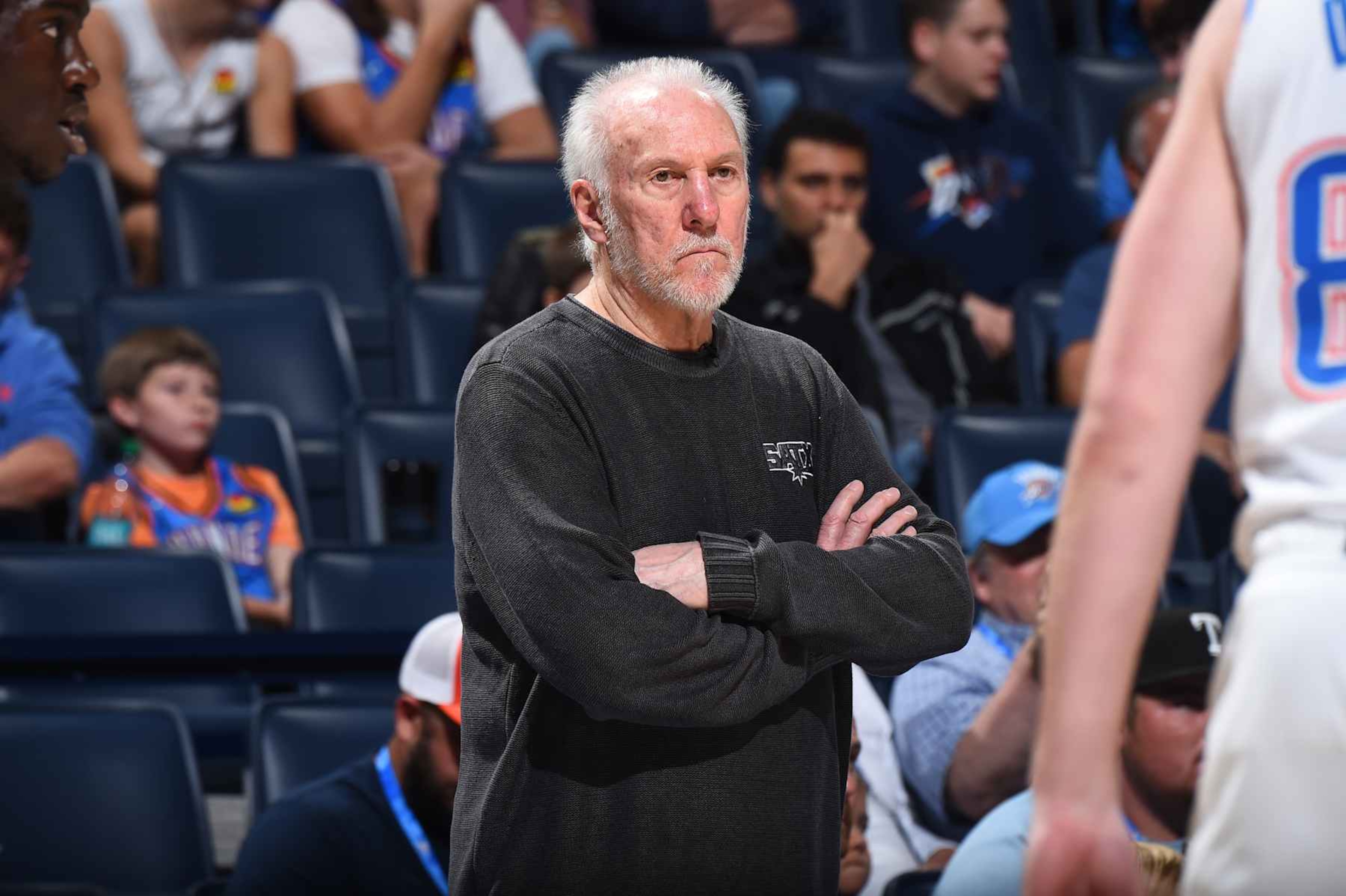 OKLAHOMA CITY, OK - OCTOBER 30: Head Coach Gregg Popovich of the San Antonio Spurs looks on during the game against the Oklahoma City Thunder on October 30, 2024 at Paycom Center in Oklahoma City, Oklahoma. NOTE TO USER: User expressly acknowledges and agrees that, by downloading and or using this photograph, User is consenting to the terms and conditions of the Getty Images License Agreement. Mandatory Copyright Notice: Copyright 2024 NBAE (Photo by Brian Babineau/NBAE via Getty Images)