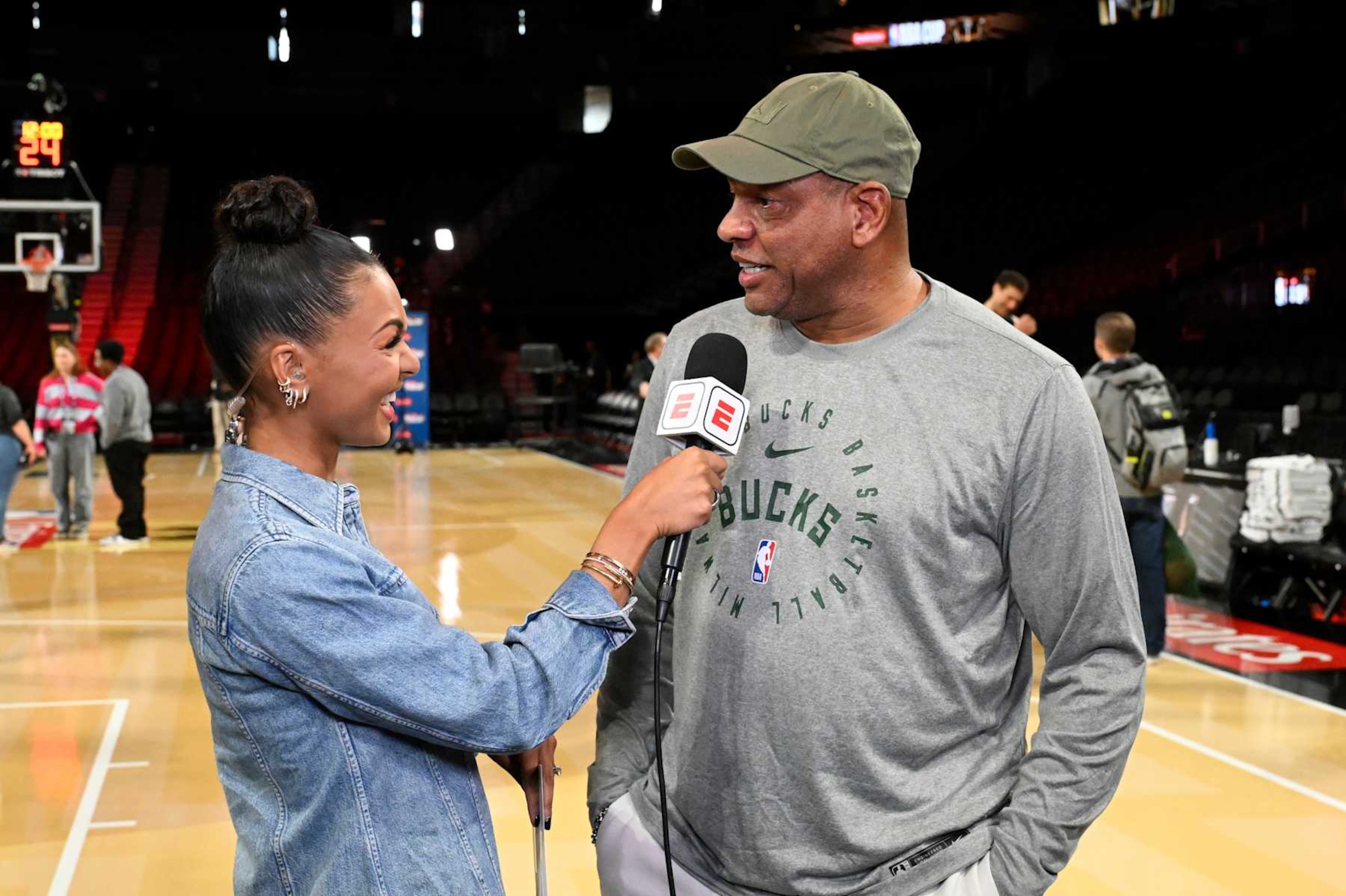 LAS VEGAS, NV - DECEMBER 16: Malika Andrews of ESPN speaks with Head Coach Doc Rivers of the Milwaukee Bucks during practice and media availability as part of the 2024 Emirates NBA Cup on December 16, 2024 at T-Mobile Arena in Las Vegas, Nevada. NOTE TO USER: User expressly acknowledges and agrees that, by downloading and or using this photograph, user is consenting to the terms and conditions of Getty Images License Agreement. Mandatory Copyright Notice: Copyright 2024 NBAE (Photo by David Dow/NBAE via Getty Images) LAS VEGAS, NV - DECEMBER 16: Malika Andrews of ESPN speaks with Head Coach Doc Rivers of the Milwaukee Bucks during practice and media availability as part of the 2024 Emirates NBA Cup on December 16, 2024 at T-Mobile Arena in Las Vegas, Nevada. NOTE TO USER: User expressly acknowledges and agrees that, by downloading and or using this photograph, user is consenting to the terms and conditions of Getty Images License Agreement. Mandatory Copyright Notice: Copyright 2024 NBAE (Photo by David Dow/NBAE via Getty Images)