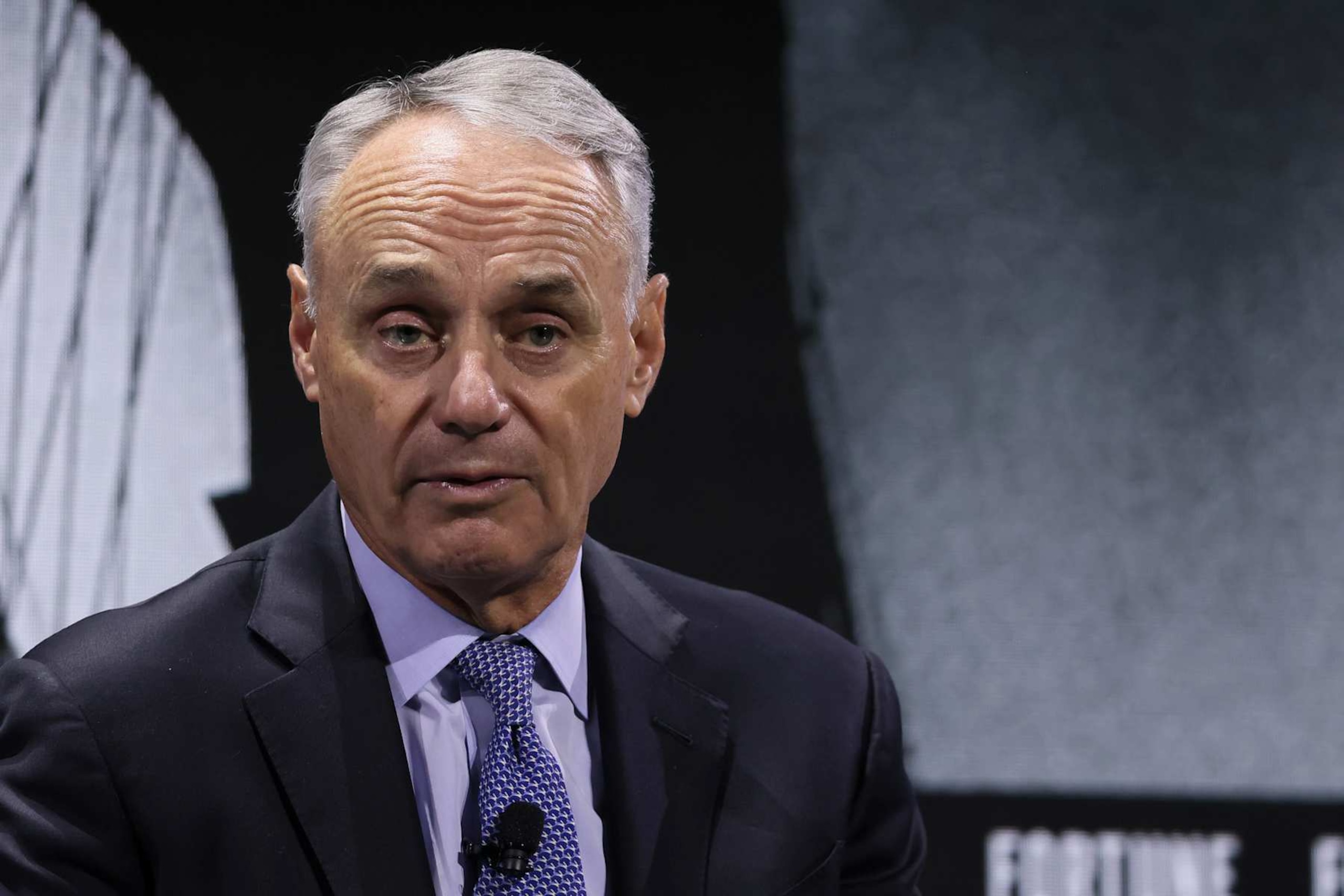 NEW YORK, NEW YORK - NOVEMBER 11: Rob Manfred, Commissioner, Major League Baseball speaks onstage during the Growing the Game panel, at the Fortune Global Forum on November 11, 2024 in New York City. (Photo by Jemal Countess/Getty Images for Fortune Media) NEW YORK, NEW YORK - NOVEMBER 11: Rob Manfred, Commissioner, Major League Baseball speaks onstage during the Growing the Game panel, at the Fortune Global Forum on November 11, 2024 in New York City. (Photo by Jemal Countess/Getty Images for Fortune Media)