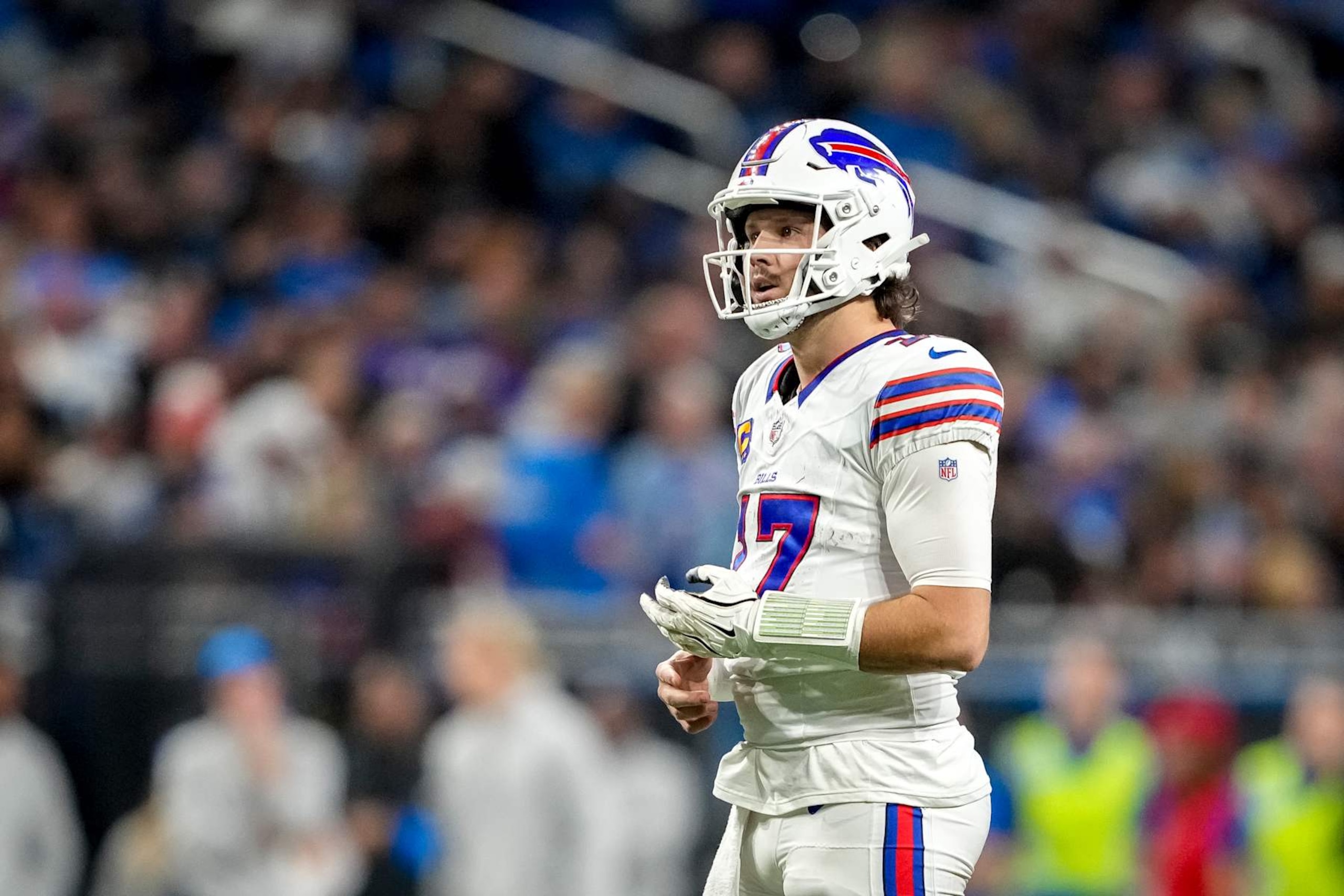DETROIT, MICHIGAN - DECEMBER 15: Josh Allen #17 of the Buffalo Bills looks on against the Detroit Lions at Ford Field on December 15, 2024 in Detroit, Michigan. (Photo by Nic Antaya/Getty Images)