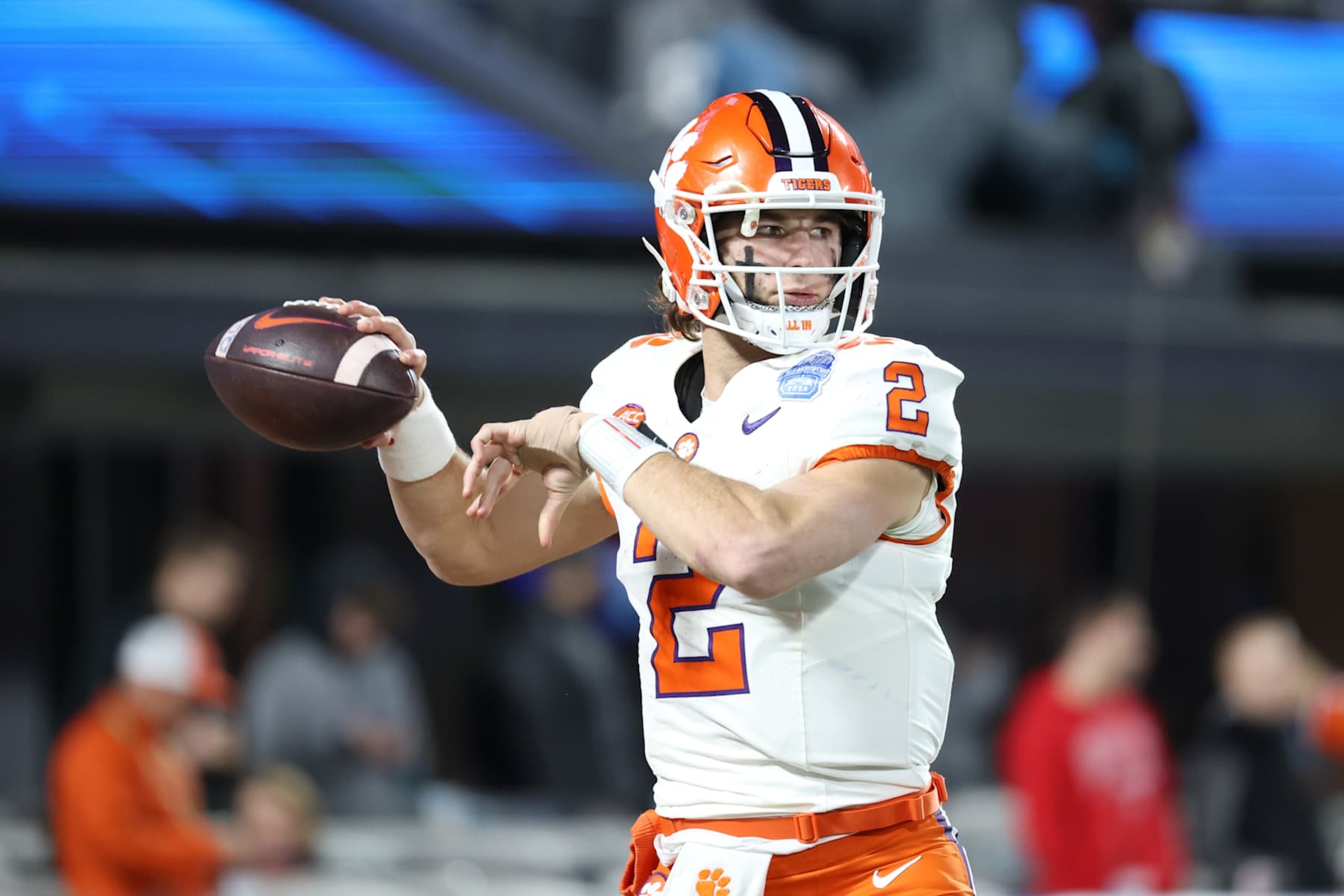CHARLOTTE, NORTH CAROLINA - DECEMBER 07: Cade Klubnik #2 of the Clemson Tigers warms up during the second half of the 2024 ACC Football Championship at Bank of America Stadium on December 07, 2024 in Charlotte, North Carolina. (Photo by Isaiah Vazquez/Getty Images) CHARLOTTE, NORTH CAROLINA - DECEMBER 07: Cade Klubnik #2 of the Clemson Tigers warms up during the second half of the 2024 ACC Football Championship at Bank of America Stadium on December 07, 2024 in Charlotte, North Carolina. (Photo by Isaiah Vazquez/Getty Images)