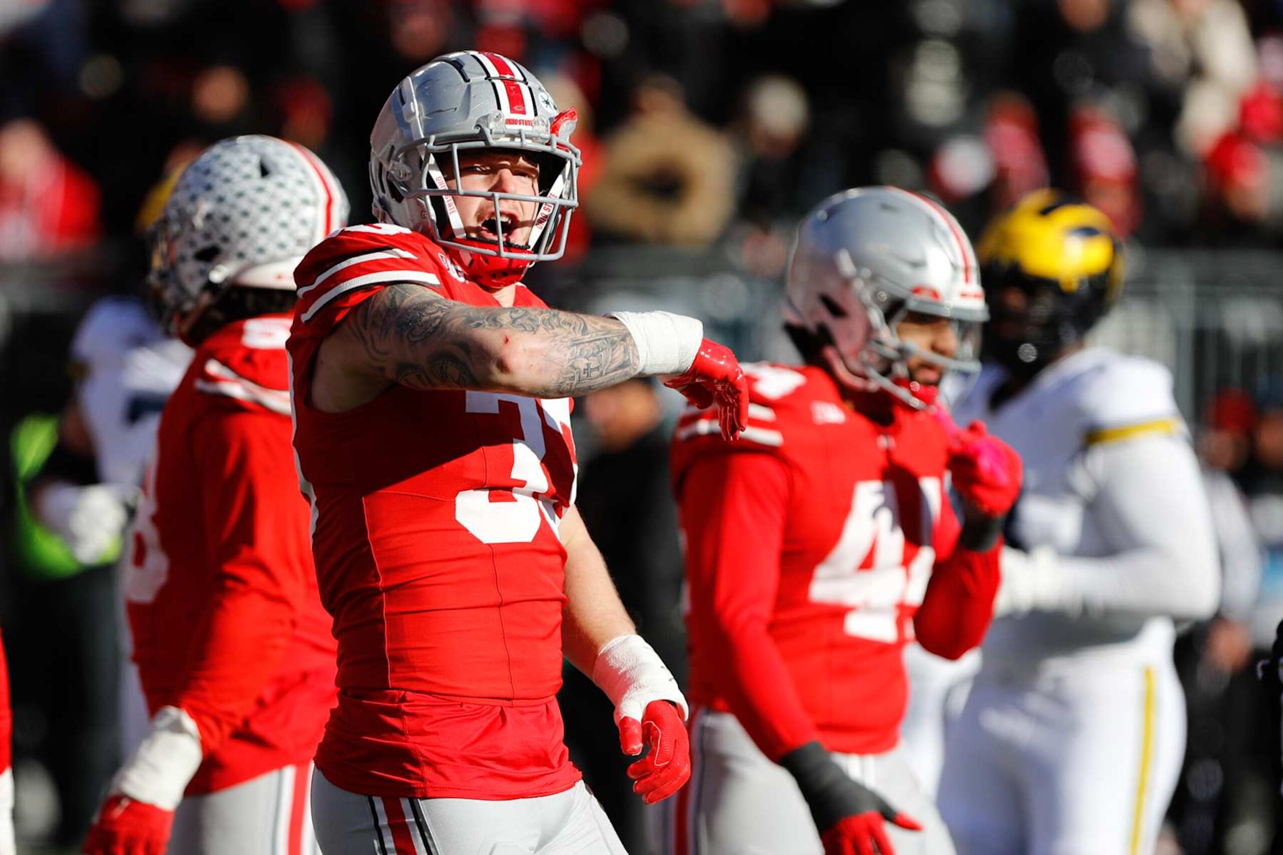 COLUMBUS, OH - NOVEMBER 30: Ohio State Buckeyes defensive end Jack Sawyer (33) reacts during the game against the Michigan Wolverines and the Ohio State Buckeyes on November 30, 2024, at Ohio Stadium in Columbus, OH. (Photo by Ian Johnson/Icon Sportswire via Getty Images)