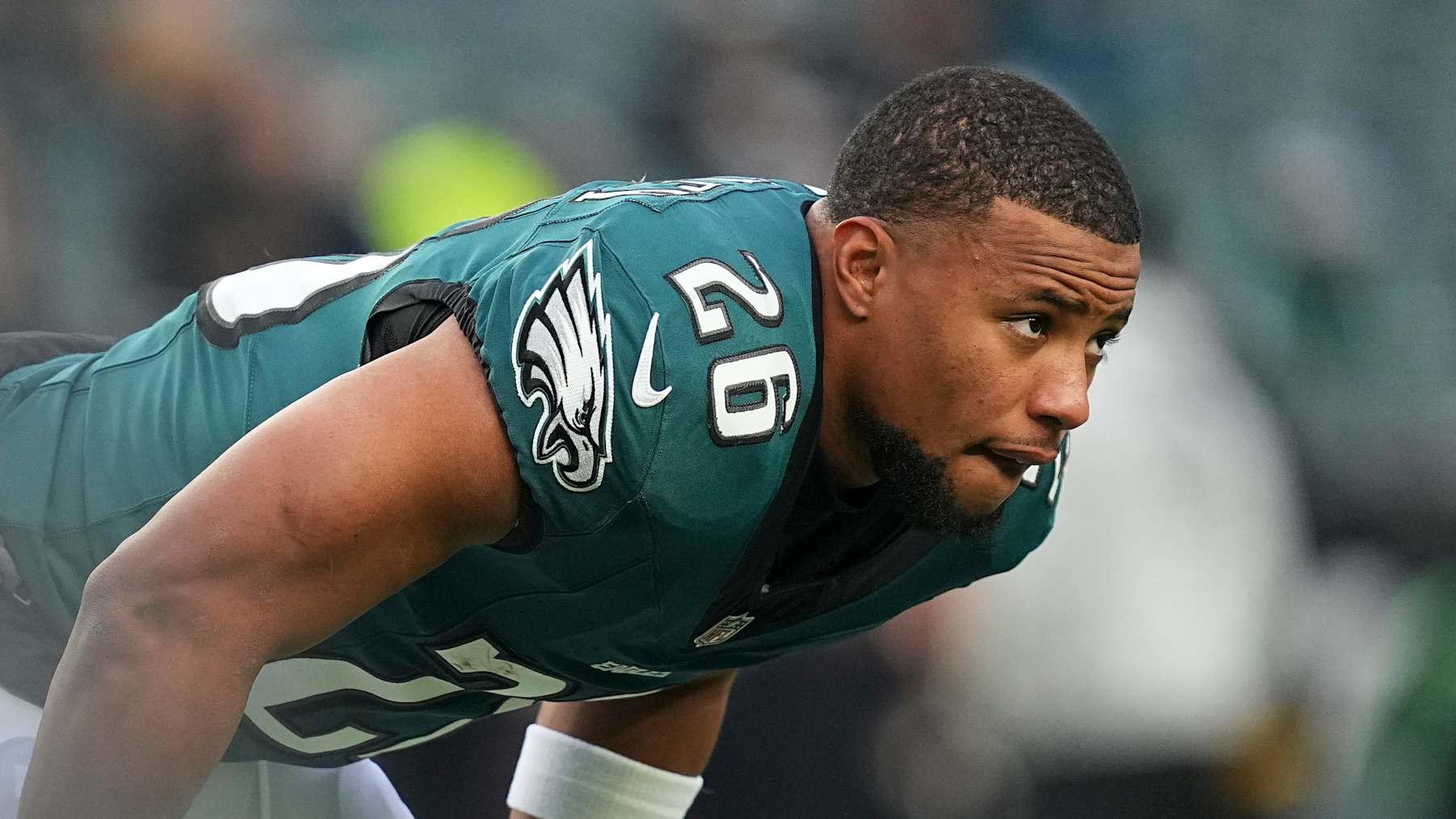 PHILADELPHIA, PENNSYLVANIA - DECEMBER 15: Saquon Barkley #26 of the Philadelphia Eagles looks on against the Pittsburgh Steelers at Lincoln Financial Field on December 15, 2024 in Philadelphia, Pennsylvania. (Photo by Mitchell Leff/Getty Images)