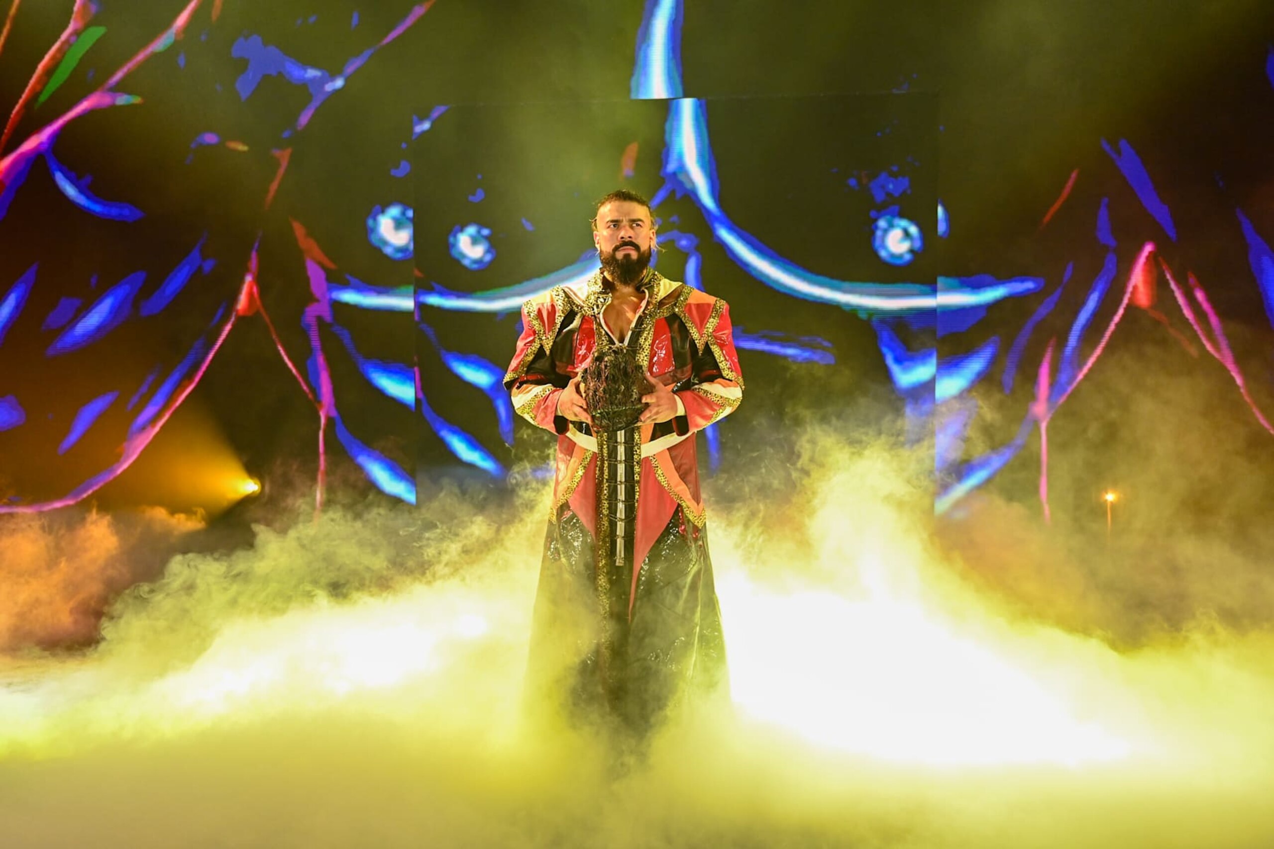 RIYADH, SAUDI ARABIA - NOVEMBER 2: Andrade enters the arena during Crown Jewel at Mohammed Abdo Arena on November 2, 2024 in Riyadh, Saudi Arabia.  (Photo by WWE/Getty Images)