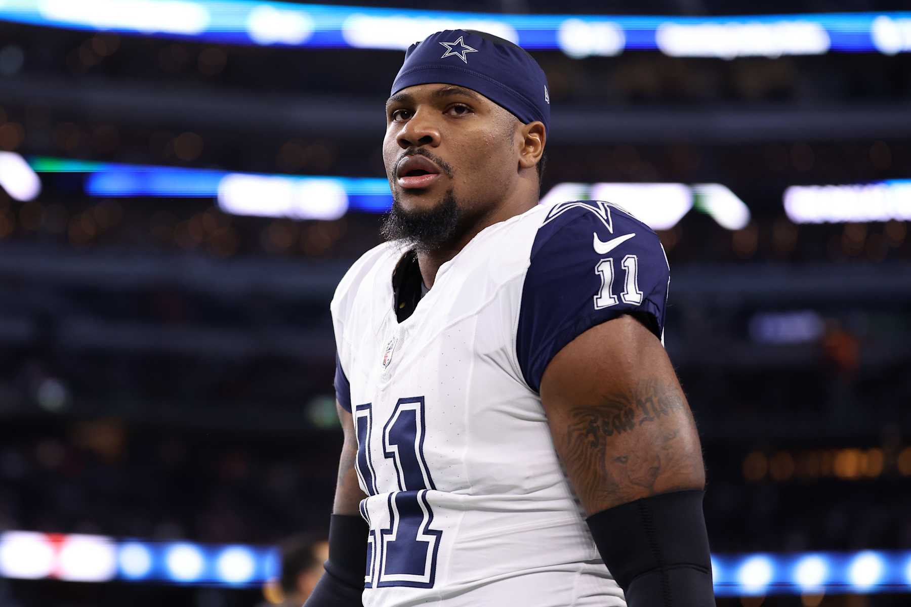 ARLINGTON, TEXAS - DECEMBER 09: Micah Parsons #11 of the Dallas Cowboys looks on prior to the game against the Cincinnati Bengals at AT&T Stadium on December 09, 2024 in Arlington, Texas. (Photo by Sam Hodde/Getty Images)