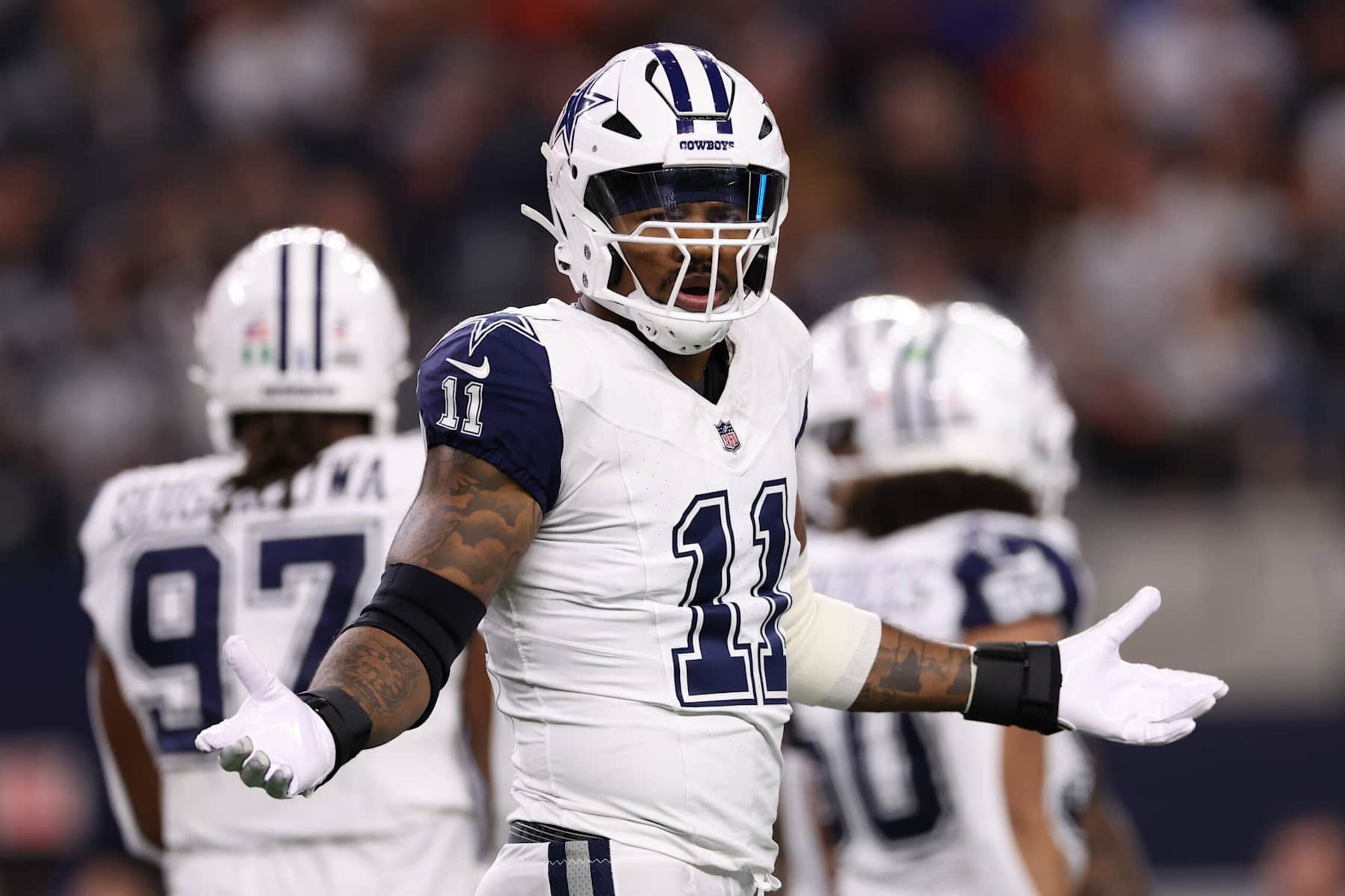 ARLINGTON, TEXAS - DECEMBER 09: Micah Parsons #11 of the Dallas Cowboys reacts during the first quarter against the Cincinnati Bengals at AT&T Stadium on December 09, 2024 in Arlington, Texas. (Photo by Sam Hodde/Getty Images)