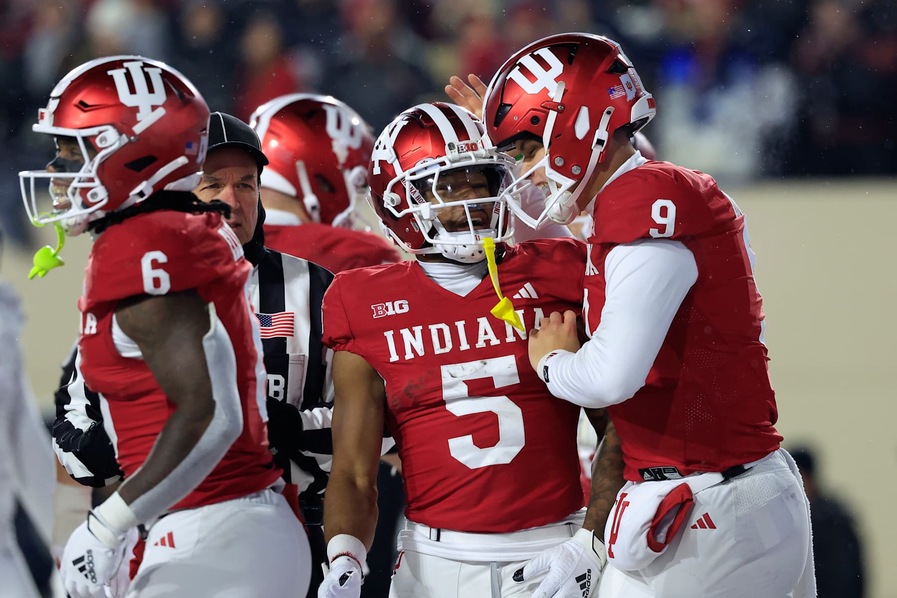 BLOOMINGTON, INDIANA - NOVEMBER 30: Ke'Shawn Williams #5 of the Indiana Hoosiers celebrates a touchdown with Kurtis Rourke #9 during the second quarter against the Purdue Boilermakers at Memorial Stadium on November 30, 2024 in Bloomington, Indiana. (Photo by Justin Casterline/Getty Images)