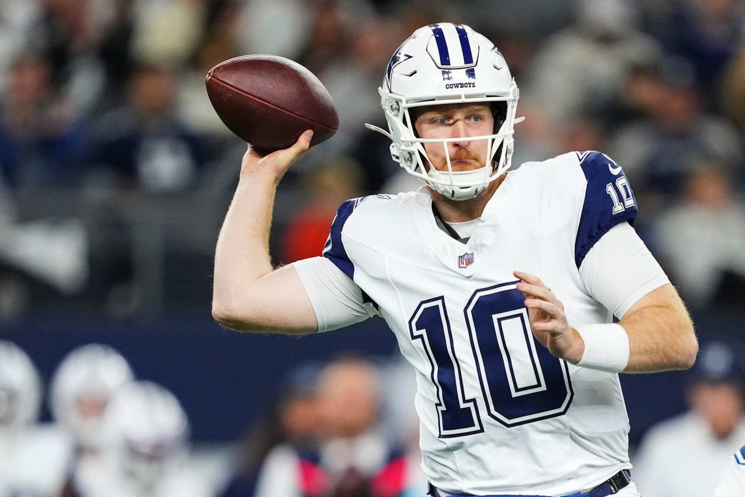 ARLINGTON, TX - DECEMBER 09: Cooper Rush #10 of the Dallas Cowboys throws the ball during an NFL football game against the Cincinnati Bengals at AT&T Stadium on December 9, 2024 in Arlington, Texas. (Photo by Cooper Neill/Getty Images) ARLINGTON, TX - DECEMBER 09: Cooper Rush #10 of the Dallas Cowboys throws the ball during an NFL football game against the Cincinnati Bengals at AT&T Stadium on December 9, 2024 in Arlington, Texas. (Photo by Cooper Neill/Getty Images)