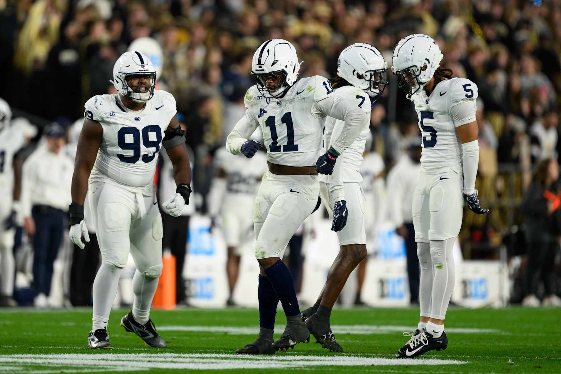 WEST LAFAYETTE, IN - NOVEMBER 16: Penn State Nittany Lions defensive end Abdul Carter (11) celebrates on the field during the college football game between the Purdue Boilermakers and Penn State Nittany Lions on November 16, 2024, at Ross-Ade Stadium in West Lafayette, IN. (Photo by Zach Bolinger/Icon Sportswire via Getty Images)