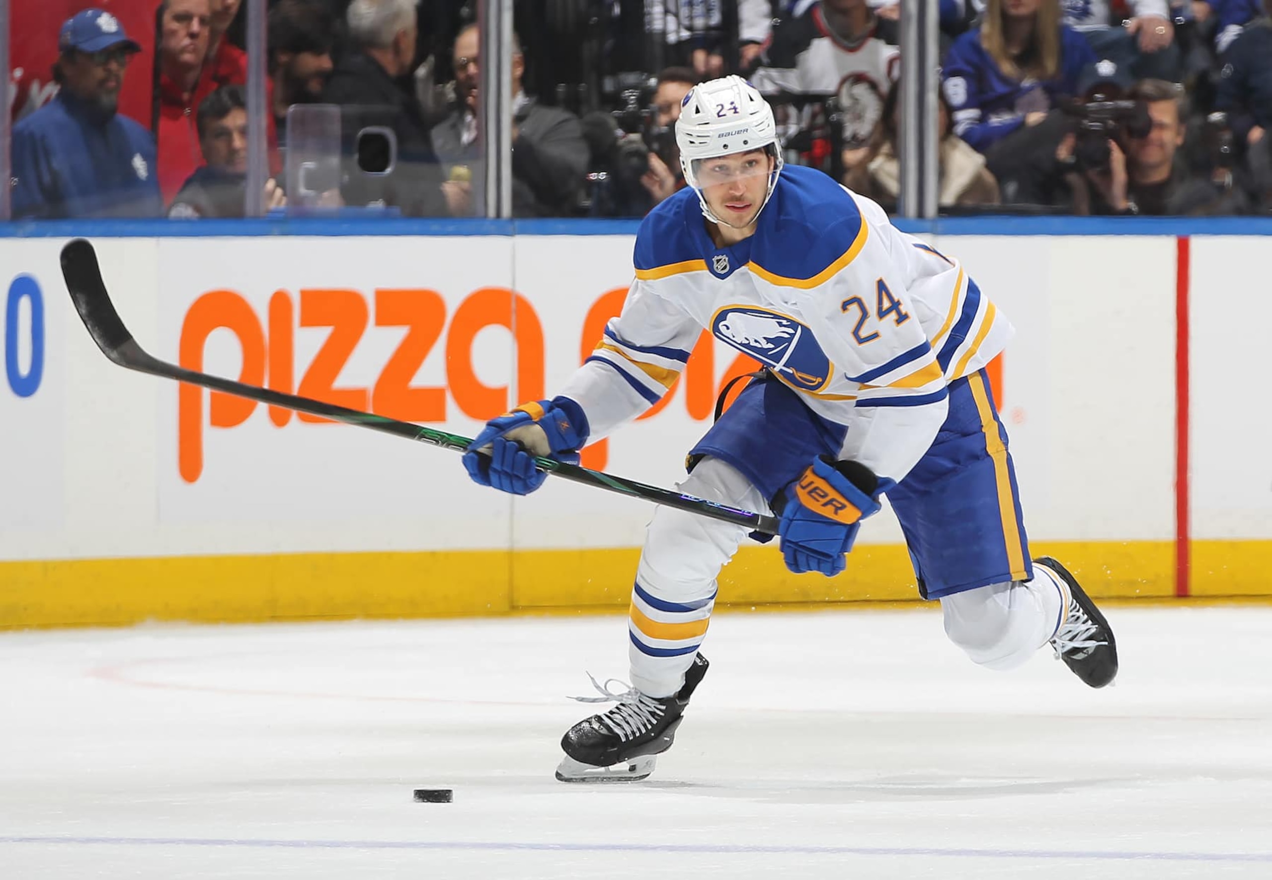 TORONTO, CANADA - DECEMBER 15: Dylan Cozens #24 of the Buffalo Sabres skates with the puck against the Toronto Maple Leafs during the first period in an NHL game at Scotiabank Arena on December 15, 2024 in Toronto, Ontario, Canada. (Photo by Claus Andersen/Getty Images) TORONTO, CANADA - DECEMBER 15: Dylan Cozens #24 of the Buffalo Sabres skates with the puck against the Toronto Maple Leafs during the first period in an NHL game at Scotiabank Arena on December 15, 2024 in Toronto, Ontario, Canada. (Photo by Claus Andersen/Getty Images)