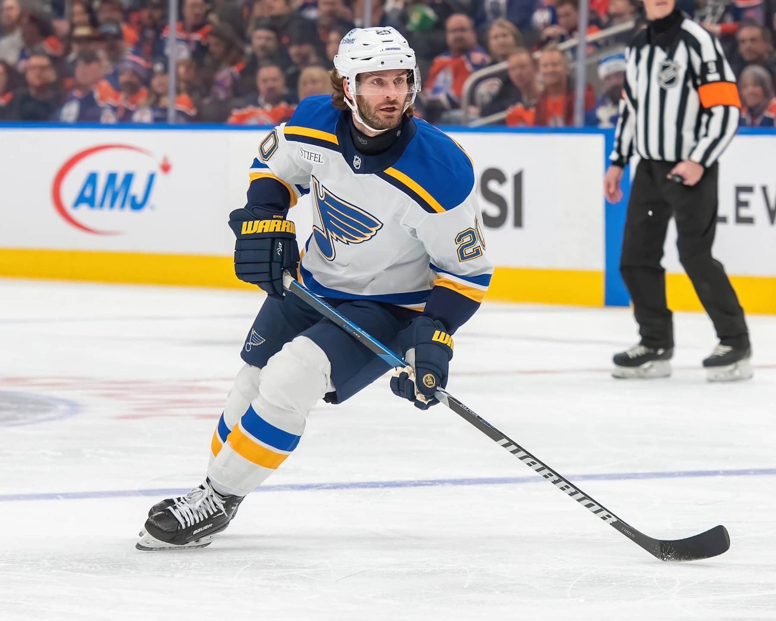 EDMONTON, CANADA DECEMBER 7: Brandon Saad #20 of the St. Louis Blues in action during the game against the Edmonton Oilers at Rogers Place on December 7, 2024, in Edmonton, Alberta, Canada. (Photo by Leila Devlin/Getty Images) EDMONTON, CANADA DECEMBER 7: Brandon Saad #20 of the St. Louis Blues in action during the game against the Edmonton Oilers at Rogers Place on December 7, 2024, in Edmonton, Alberta, Canada. (Photo by Leila Devlin/Getty Images)