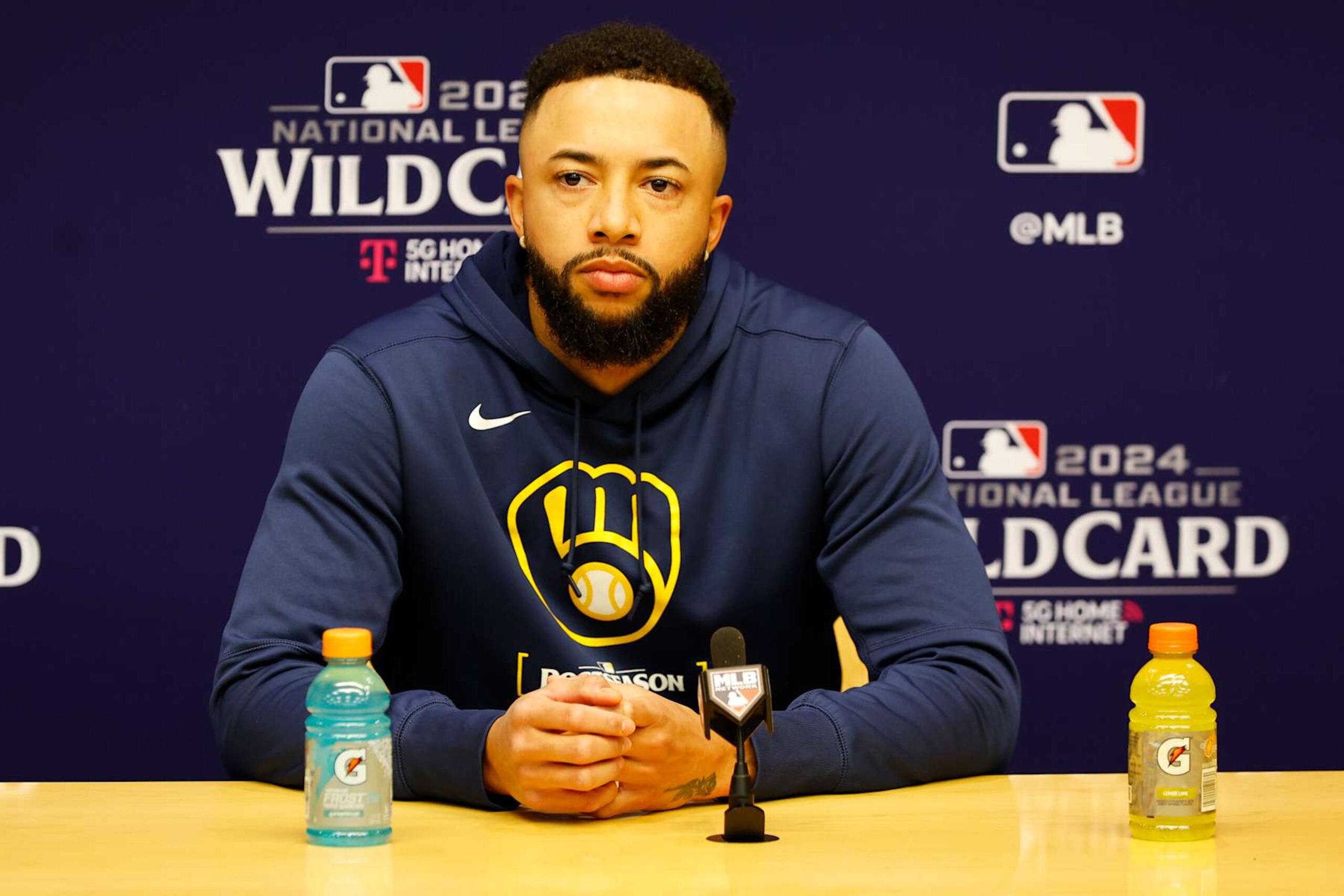 MILWAUKEE, WI - OCTOBER 01: Milwaukee Brewers pitcher Devin Williams (38) meets with the media prior to a 2024 National League Wild Card game between the Milwaukee Brewers and the New York Mets on October 1, 2024, at American Family Field in Milwaukee, WI. (Photo by Larry Radloff/Icon Sportswire via Getty Images) MILWAUKEE, WI - OCTOBER 01: Milwaukee Brewers pitcher Devin Williams (38) meets with the media prior to a 2024 National League Wild Card game between the Milwaukee Brewers and the New York Mets on October 1, 2024, at American Family Field in Milwaukee, WI. (Photo by Larry Radloff/Icon Sportswire via Getty Images)