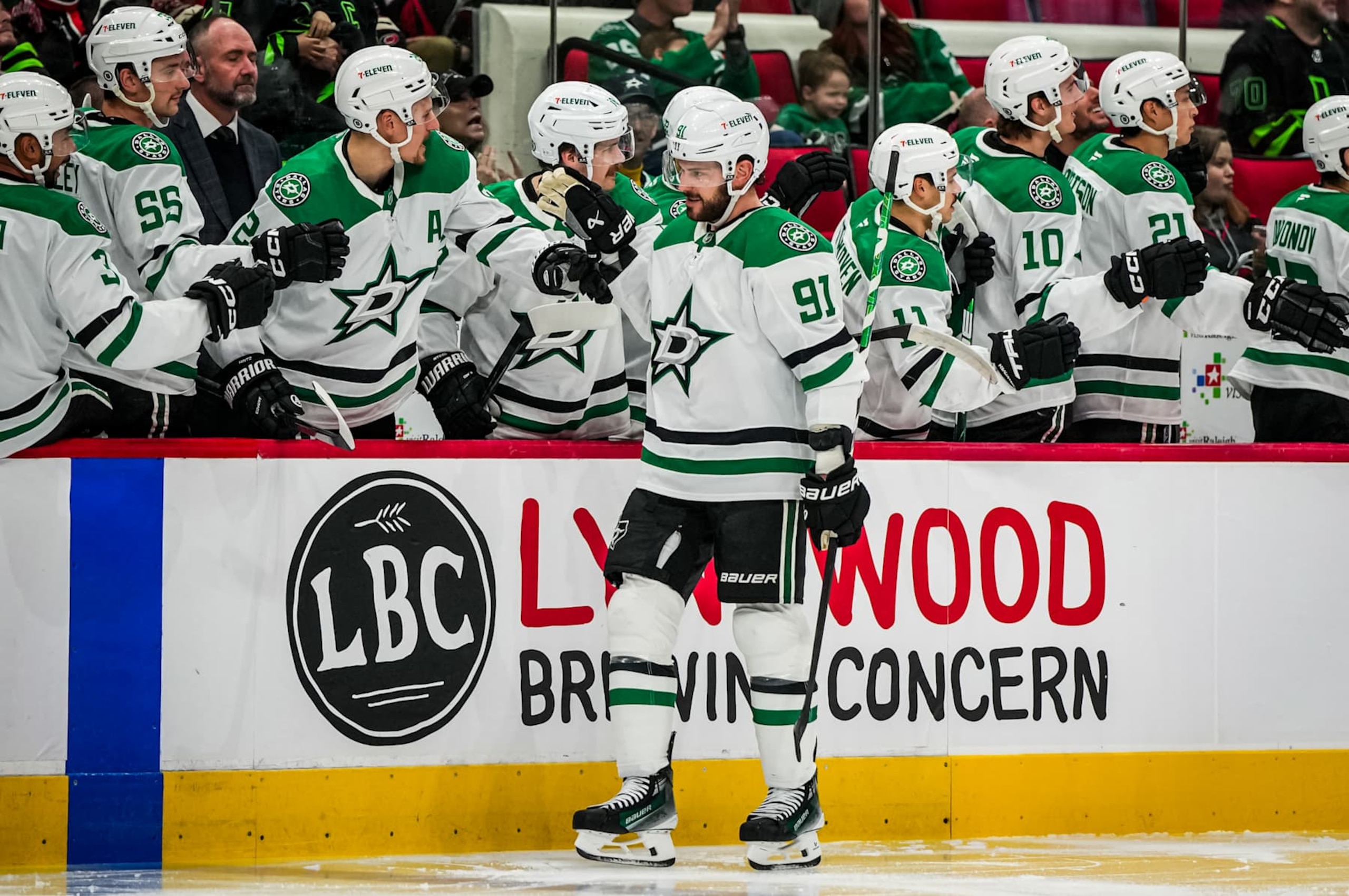 RALEIGH, NORTH CAROLINA - NOVEMBER 25: Tyler Seguin #91 of the Dallas Stars celebrates with teammates after a goal during the first period against the Carolina Hurricanes at Lenovo Center on November 25, 2024 in Raleigh, North Carolina. (Photo by Josh Lavallee/NHLI via Getty Images) RALEIGH, NORTH CAROLINA - NOVEMBER 25: Tyler Seguin #91 of the Dallas Stars celebrates with teammates after a goal during the first period against the Carolina Hurricanes at Lenovo Center on November 25, 2024 in Raleigh, North Carolina. (Photo by Josh Lavallee/NHLI via Getty Images)