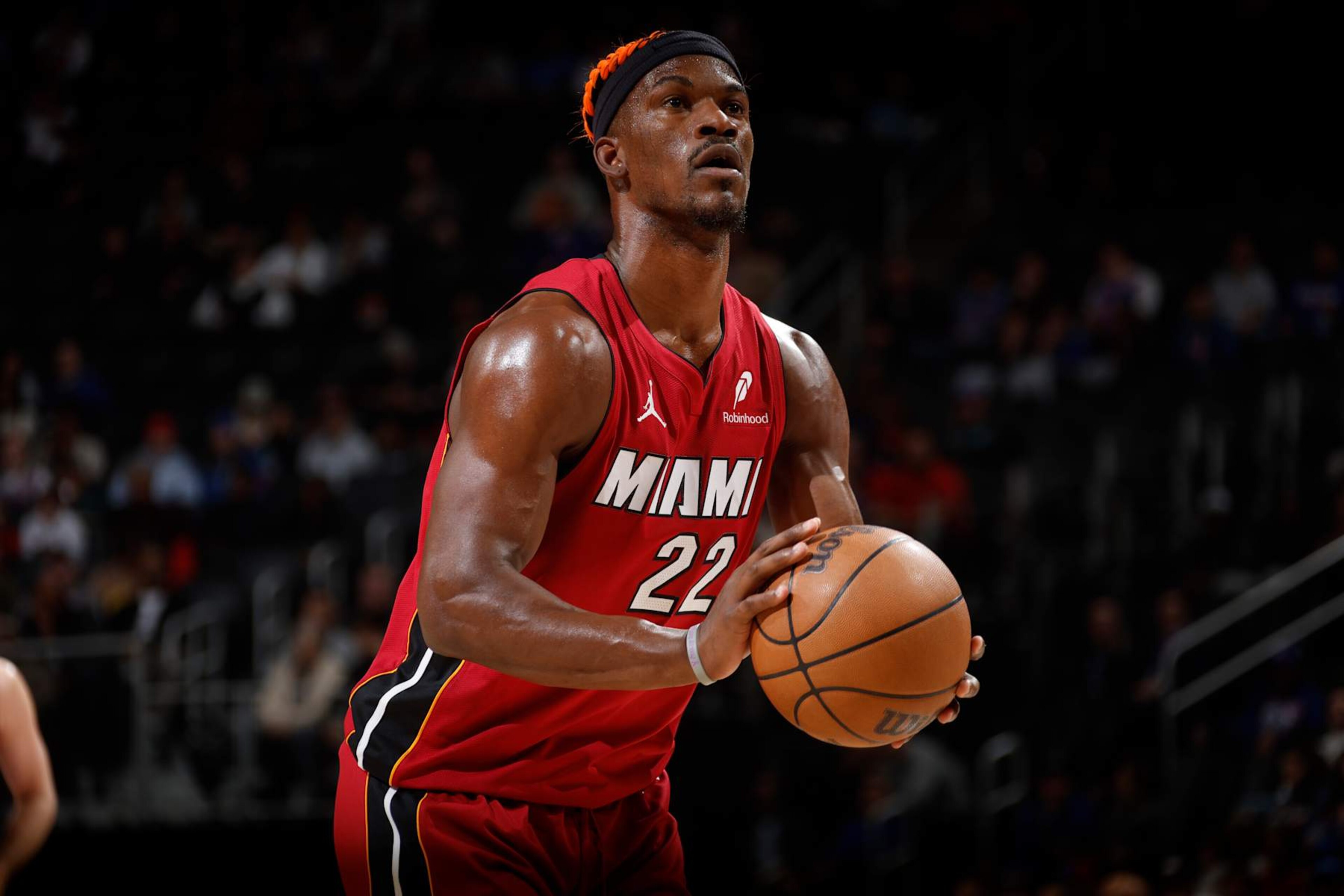 DETROIT, MI - DECEMBER 16: Jimmy Butler #22 of the Miami Heat shoots a free throw during the game against the Detroit Pistons on December 16, 2024 at Little Caesars Arena in Detroit, Michigan. NOTE TO USER: User expressly acknowledges and agrees that, by downloading and/or using this photograph, User is consenting to the terms and conditions of the Getty Images License Agreement. Mandatory Copyright Notice: Copyright 2024 NBAE (Photo by Brian Sevald/NBAE via Getty Images) DETROIT, MI - DECEMBER 16: Jimmy Butler #22 of the Miami Heat shoots a free throw during the game against the Detroit Pistons on December 16, 2024 at Little Caesars Arena in Detroit, Michigan. NOTE TO USER: User expressly acknowledges and agrees that, by downloading and/or using this photograph, User is consenting to the terms and conditions of the Getty Images License Agreement. Mandatory Copyright Notice: Copyright 2024 NBAE (Photo by Brian Sevald/NBAE via Getty Images)