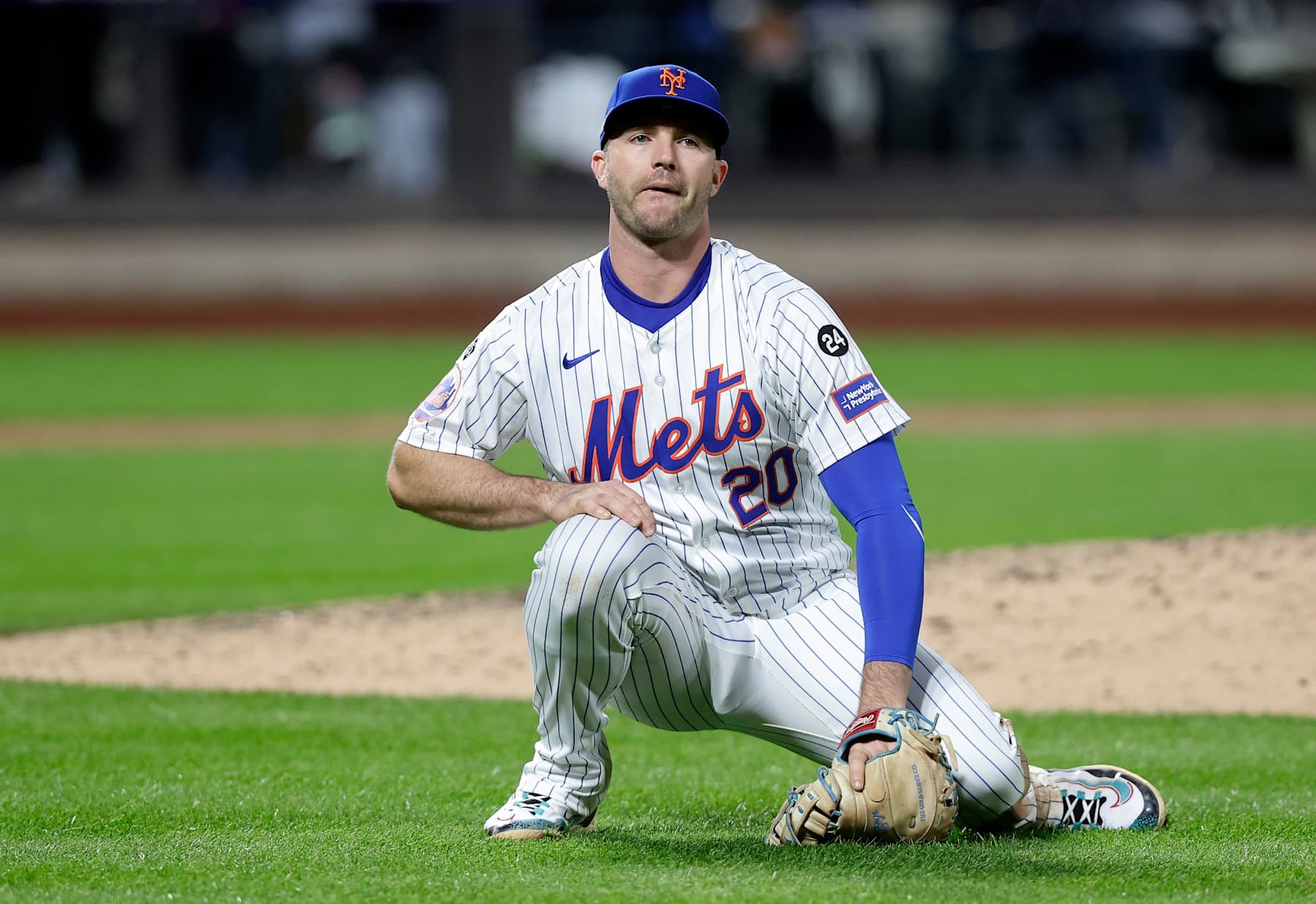 NEW YORK, NEW YORK - OCTOBER 17: (NEW YORK DAILIES OUT)  Pete Alonso #20 of the New York Mets in action against the Los Angeles Dodgers during Game Four of the National League Championship Series at Citi Field on October 17, 2024 in New York City. The Dodgers defeated the Mets 10-2. (Photo by Jim McIsaac/Getty Images)