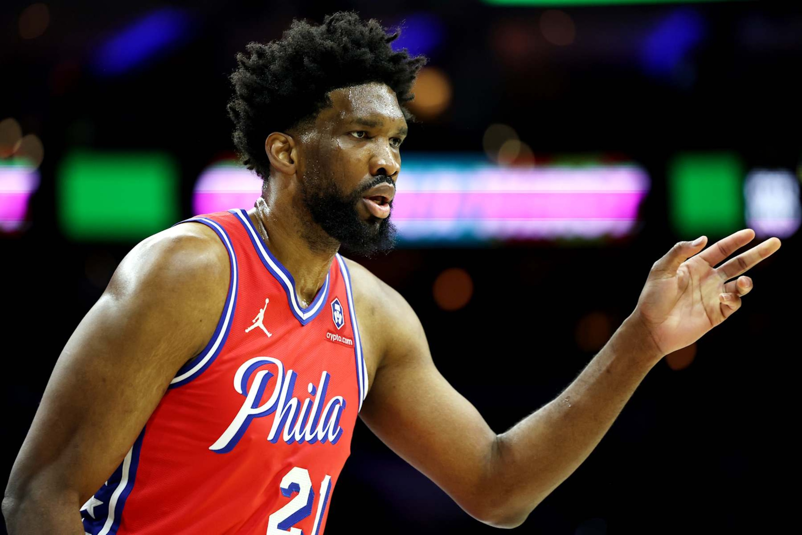 PHILADELPHIA, PENNSYLVANIA - DECEMBER 13: Joel Embiid #21 of the Philadelphia 76ers looks on during a game against the Indiana Pacers at the Wells Fargo Center on December 13, 2024 in Philadelphia, Pennsylvania. NOTE TO USER: User expressly acknowledges and agrees that, by downloading and or using this photograph, User is consenting to the terms and conditions of the Getty Images License Agreement. (Photo by Emilee Chinn/Getty Images)