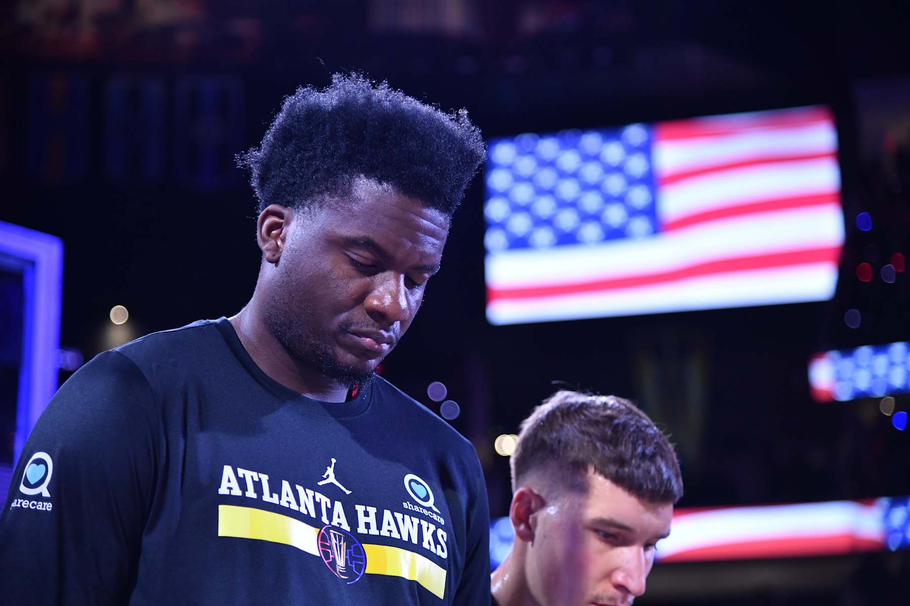 LAS VEGAS, NV - DECEMBER 14: Clint Capela #15 of the Atlanta Hawks stands for the National Anthem before the game against the Milwaukee Bucks during the Emirates NBA Cup Semifinal game on December 14, 2024 at T-Mobile Arena in Las Vegas, Nevada. NOTE TO USER: User expressly acknowledges and agrees that, by downloading and/or using this Photograph, user is consenting to the terms and conditions of the Getty Images License Agreement. Mandatory Copyright Notice: Copyright 2024 NBAE (Photo by Juan Ocampo/NBAE via Getty Images)