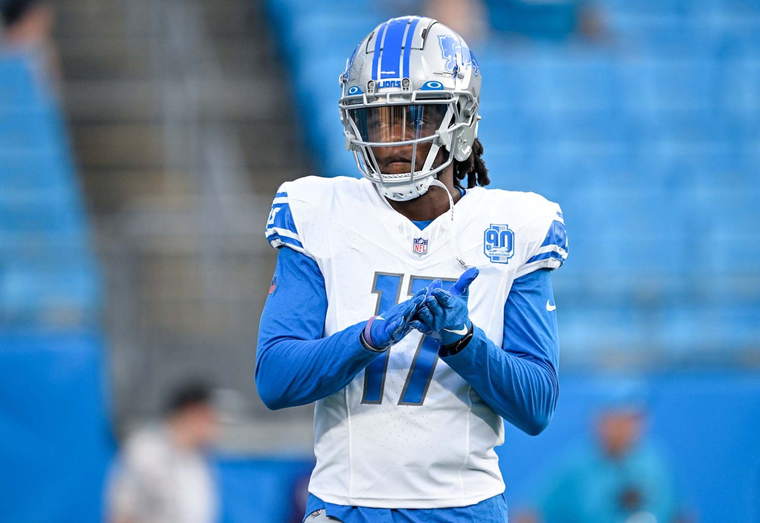 CHARLOTTE, NORTH CAROLINA - AUGUST 25: Teddy Bridgewater #17 of the Detroit Lions warms up during a preseason game against the Carolina Panthers at Bank of America Stadium on August 25, 2023 in Charlotte, North Carolina. (Photo by Grant Halverson/Getty Images)