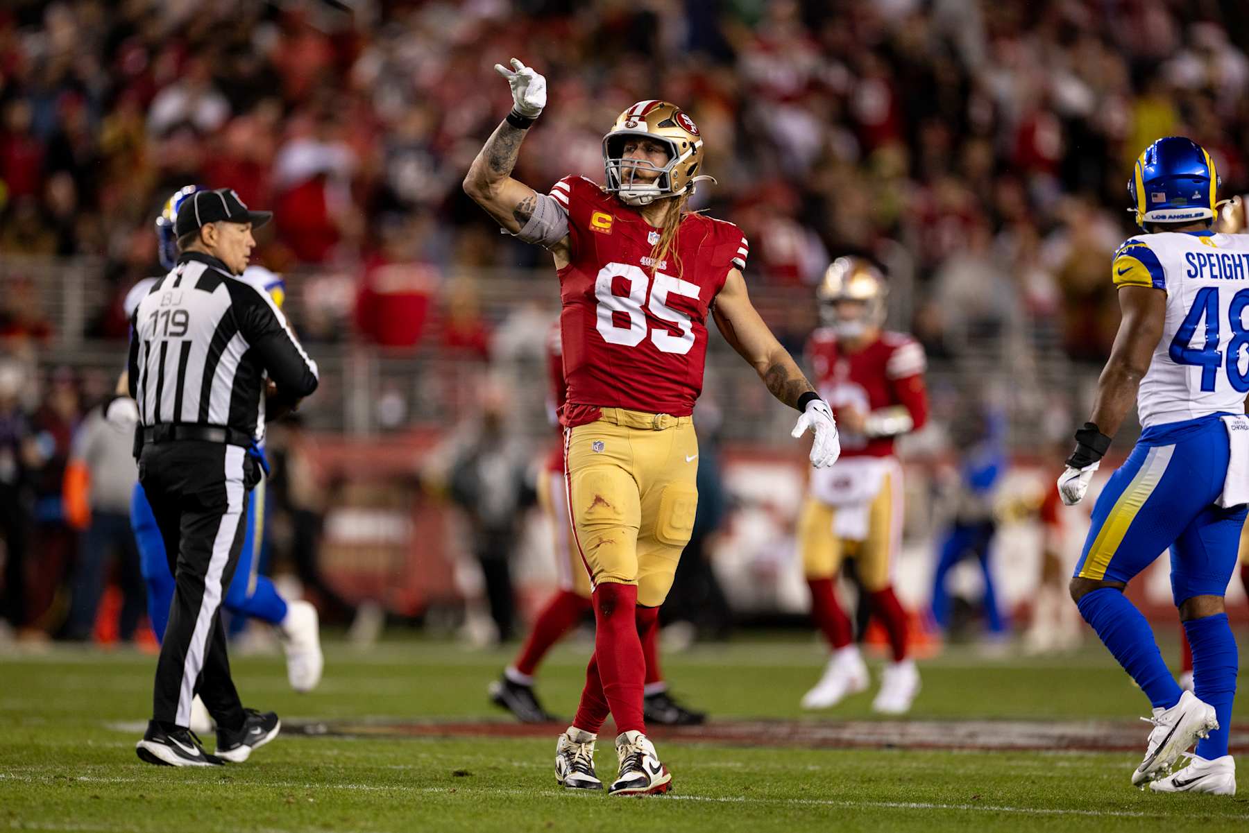 SANTA CLARA, CALIFORNIA - DECEMBER 12: George Kittle #85 of the San Francisco 49ers reacts after running with the ball during an NFL Football game against the Los Angeles Rams at Levi's Stadium on December 12, 2024 in Santa Clara, California. (Photo by Michael Owens/Getty Images)
