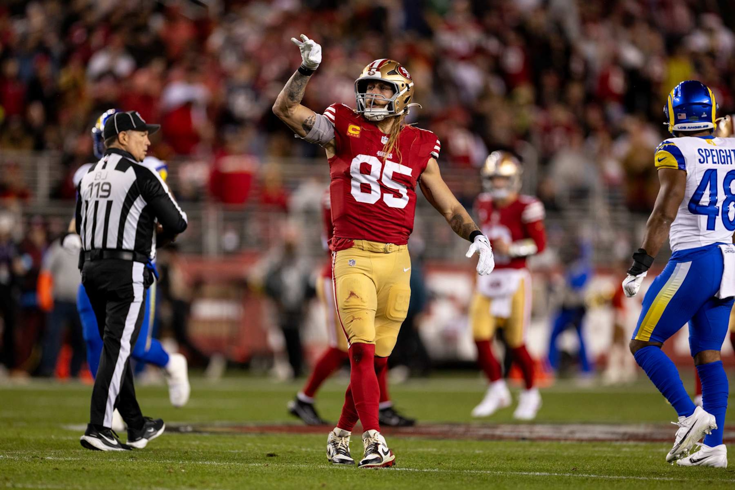 SANTA CLARA, CALIFORNIA - DECEMBER 12: George Kittle #85 of the San Francisco 49ers reacts after running with the ball during an NFL Football game against the Los Angeles Rams at Levi's Stadium on December 12, 2024 in Santa Clara, California. (Photo by Michael Owens/Getty Images)