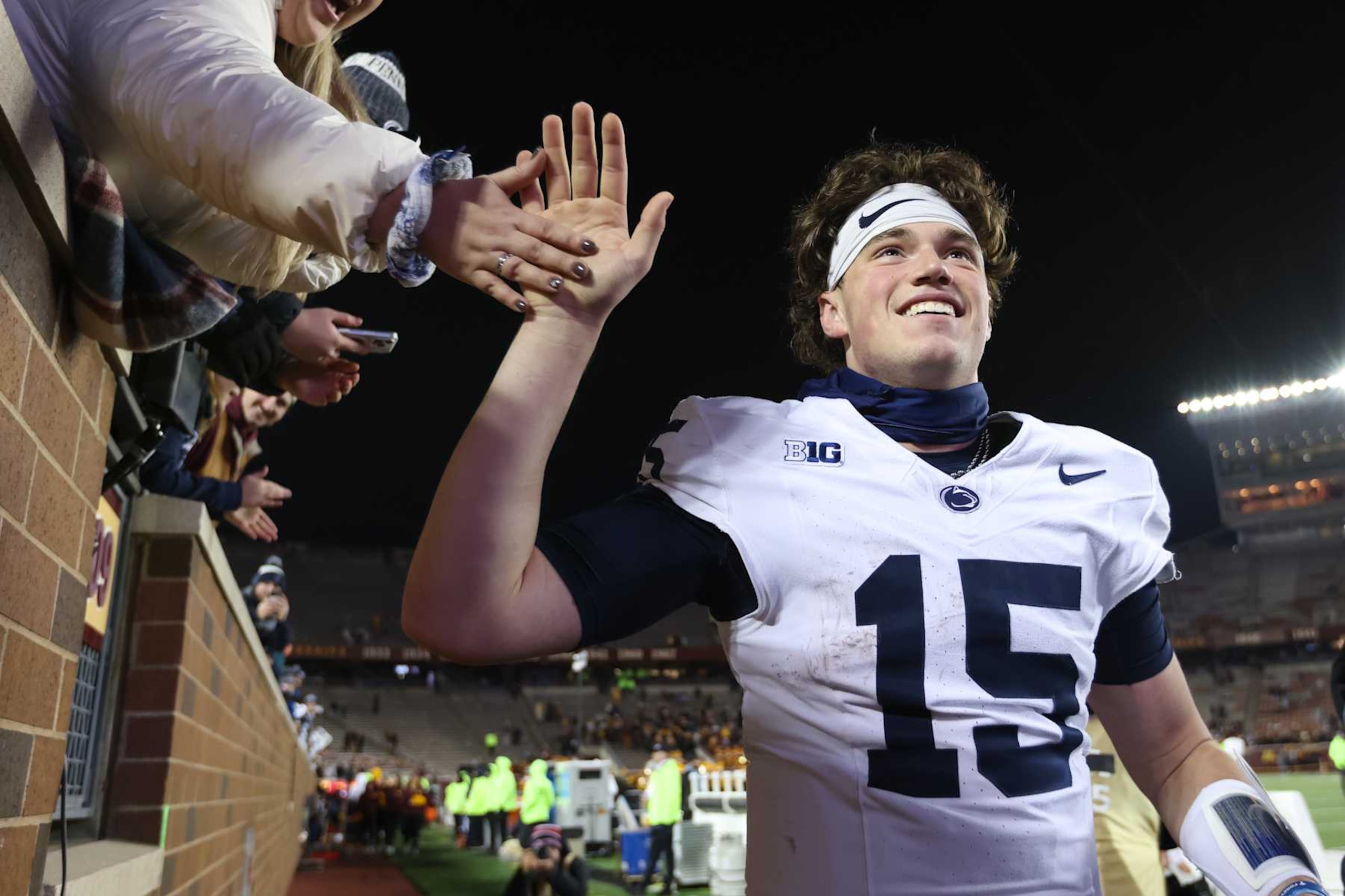 MINNEAPOLIS, MN - NOVEMBER 23: Penn State Nittany Lions quarterback Drew Allar (15) celebrates after the college football game between the Penn State Nittany Lions and the Minnesota Golden Gophers on November 23rd, 2024, at Huntington Bank Stadium in Minneapolis, MN. (Photo by Bailey Hillesheim/Icon Sportswire via Getty Images)