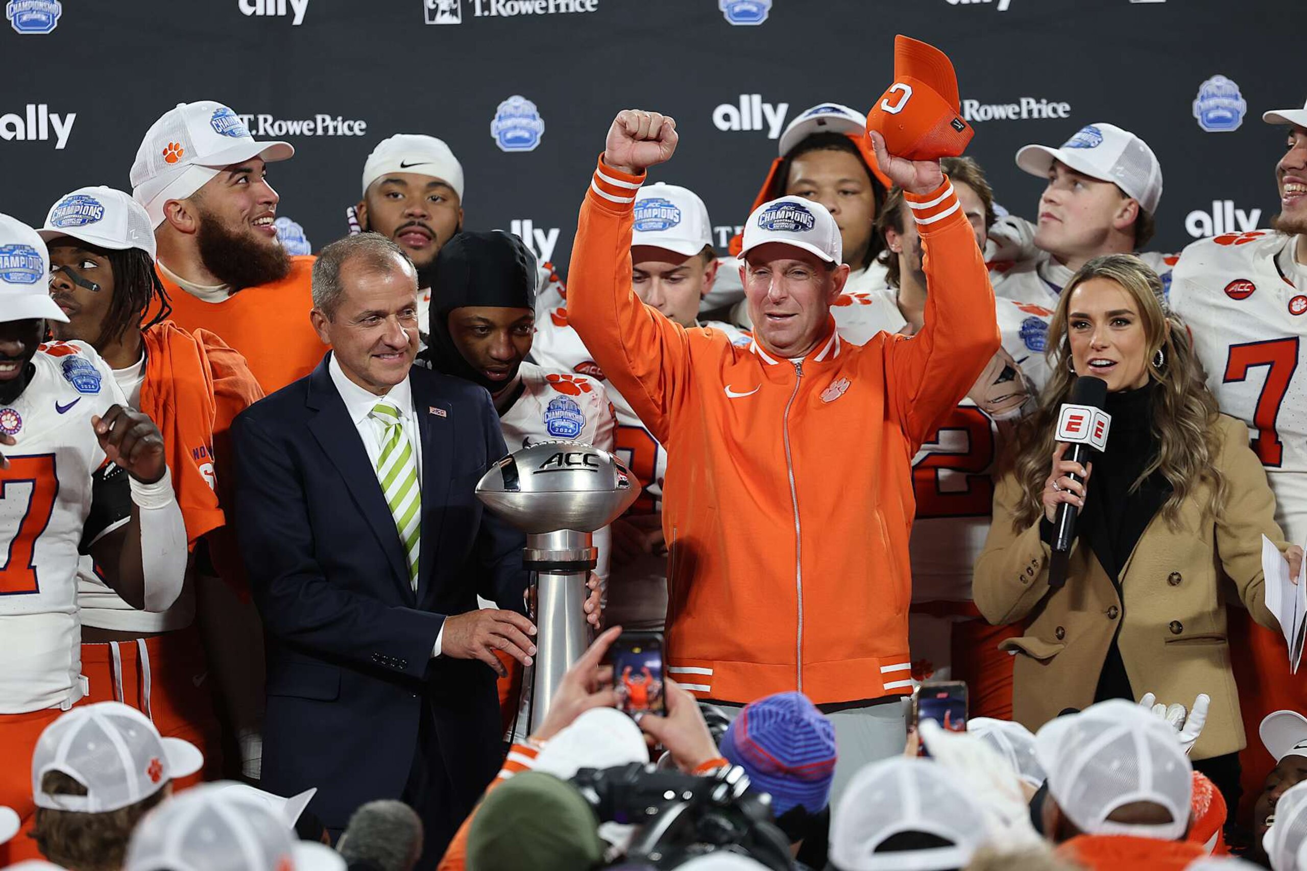 CHARLOTTE, NC - DECEMBER 07: Clemson Tigers head coach Dabo Swinney celebrating the victory during the ACC championship football game between the SMU Mustangs and the Clemson Tigers on December 7, 2024 at Bank of America Stadium in Charlotte N.C. (Photo by John Byrum/Icon Sportswire via Getty Images)