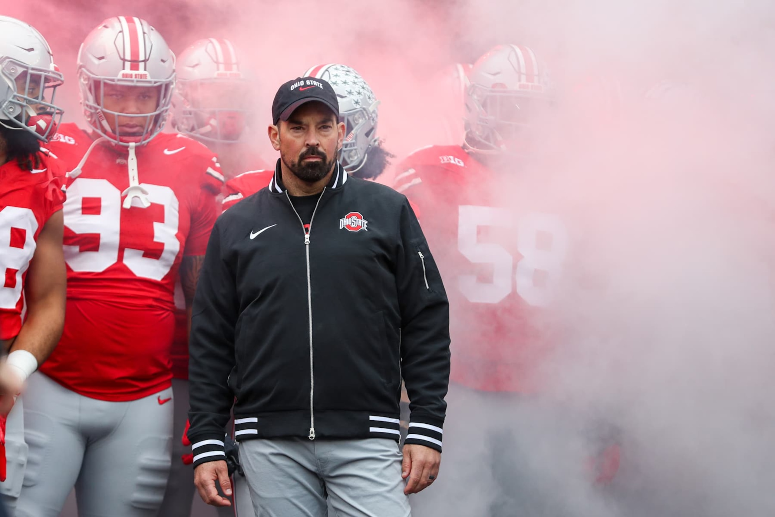 COLUMBUS, OH - NOVEMBER 23: Ohio State Buckeyes head coach Ryan Day stands with his players before the game against the Indiana Hoosiers and the Ohio State Buckeyes on November 23, 2024, at Ohio Stadium in Columbus, OH. (Photo by Ian Johnson/Icon Sportswire via Getty Images)