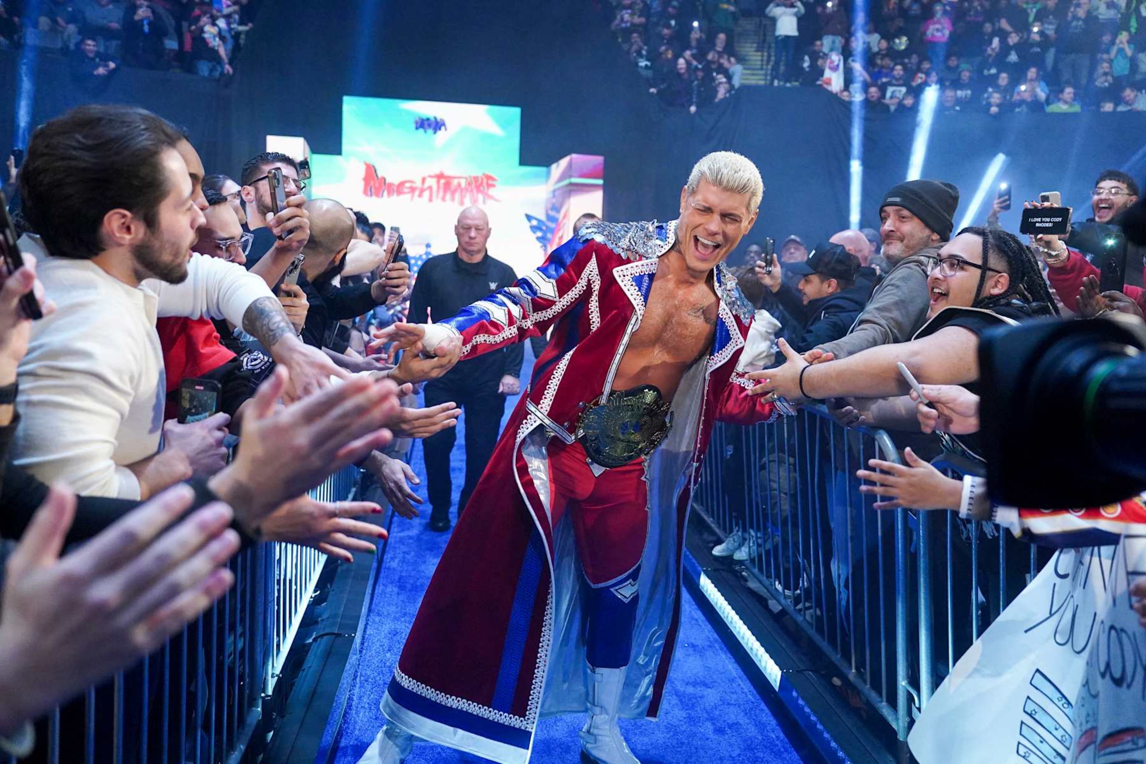 UNIONDALE, NEW YORK - DECEMBER 14: Cody Rhodes enters the arena during Saturday Night Main Event at Nassau Veterans Memorial Coliseum on December 14, 2024 in Uniondale, New York. (Photo by WWE/Getty Images) UNIONDALE, NEW YORK - DECEMBER 14: Cody Rhodes enters the arena during Saturday Night Main Event at Nassau Veterans Memorial Coliseum on December 14, 2024 in Uniondale, New York. (Photo by WWE/Getty Images)