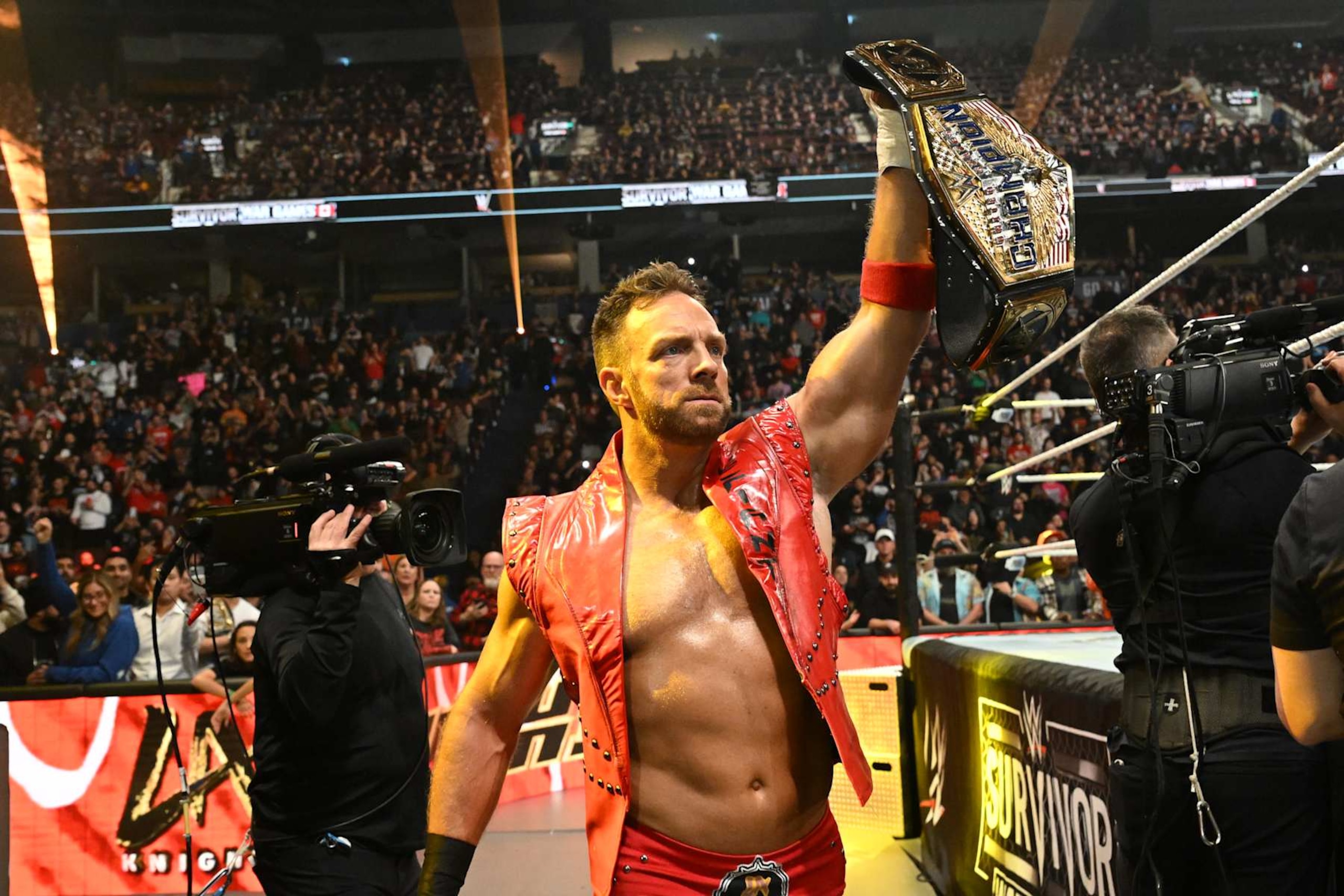 VANCOUVER, CANADA - NOVEMBER 30: LA Knight makes his way to the ring during WWE Survivor Series: War Games at Rogers Arena on November 30, 2024 in Vancouver, Canada.  (Photo by WWE/Getty Images)