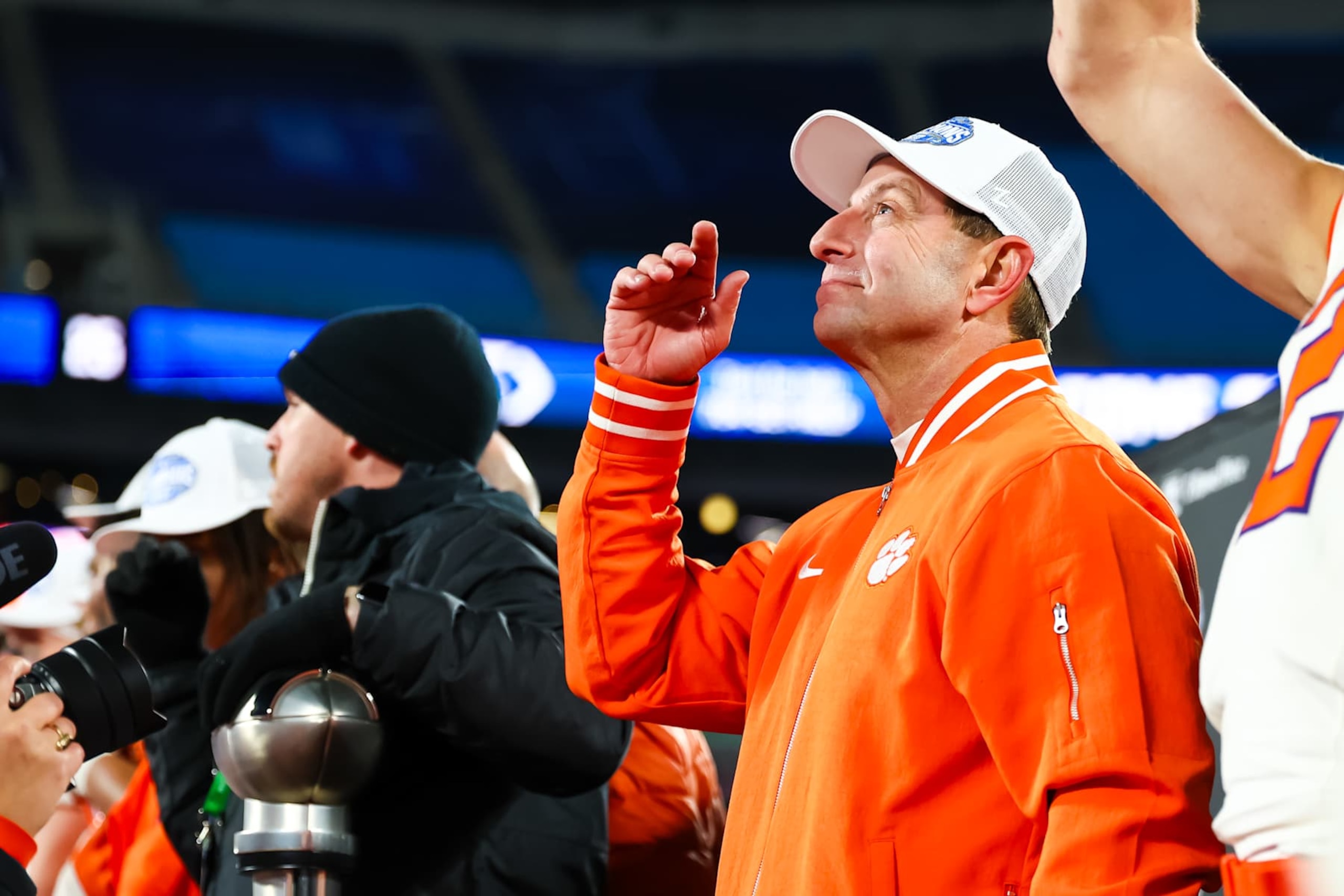 CHARLOTTE, NORTH CAROLINA - DECEMBER 07: Head Coach Dabo Swinney of the Clemson Tigers celebrates after the ACC Championship game against the Southern Methodist Mustangs at Bank of America Stadium on December 07, 2024 in Charlotte, North Carolina. (Photo by David Jensen/Getty Images)
